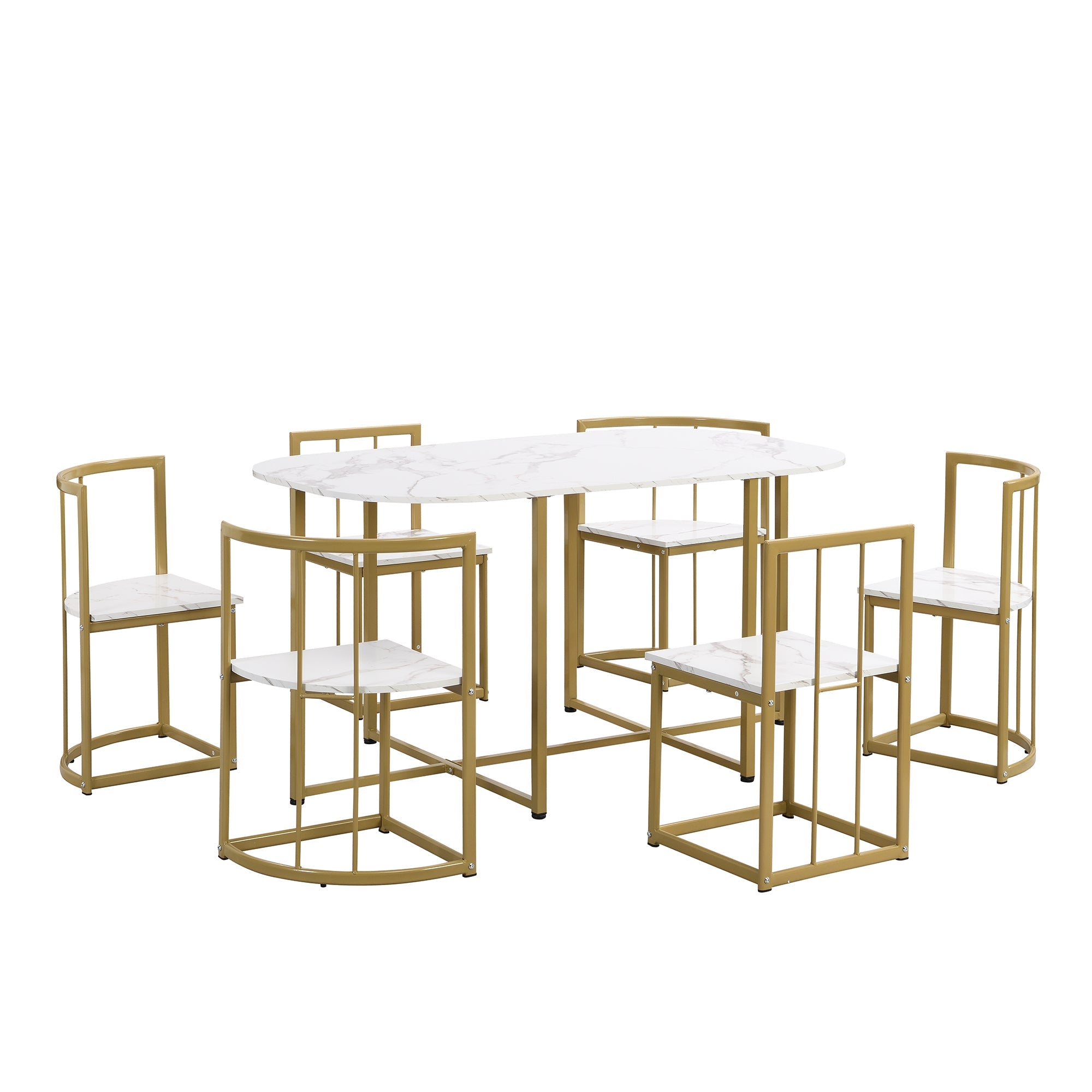 TOPMAX Modern 7-Piece Dining Table Set with Faux Marble Compact 55Inch Kitchen Table Set for 6 Golden+White