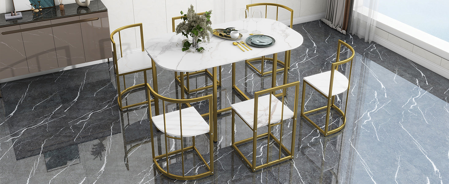 TOPMAX Modern 7-Piece Dining Table Set with Faux Marble Compact 55Inch Kitchen Table Set for 6 Golden+White