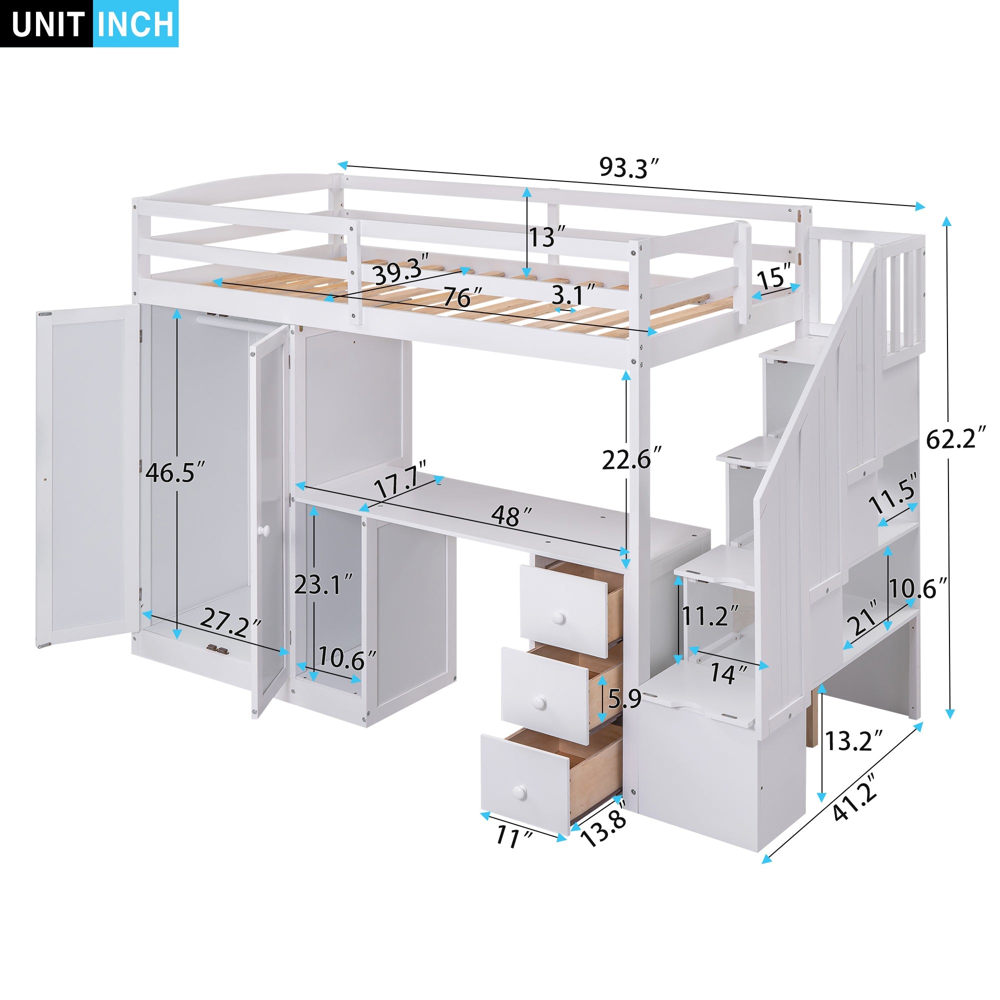 Twin Size Loft Bed with Wardrobe and Staircase, Desk and Storage Drawers and Cabinet in 1 White