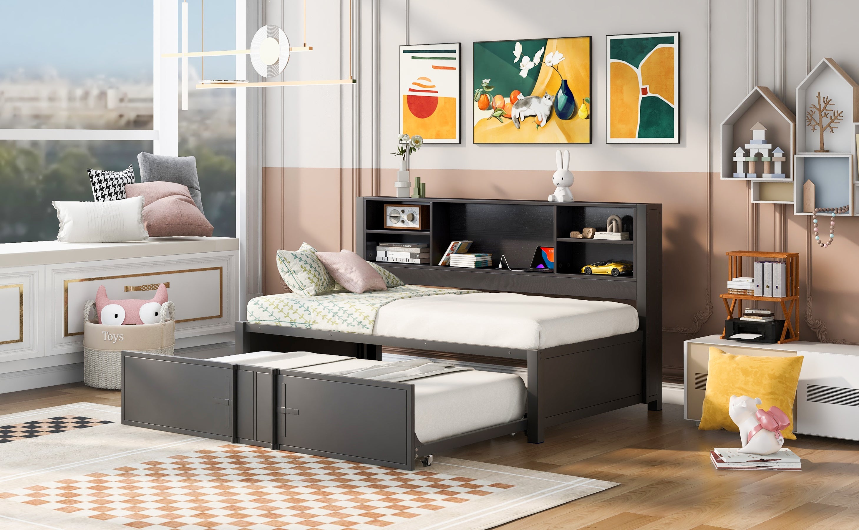 Metal Twin Size Daybed with Twin Size Trundle Storage Shelves and USB Ports Black