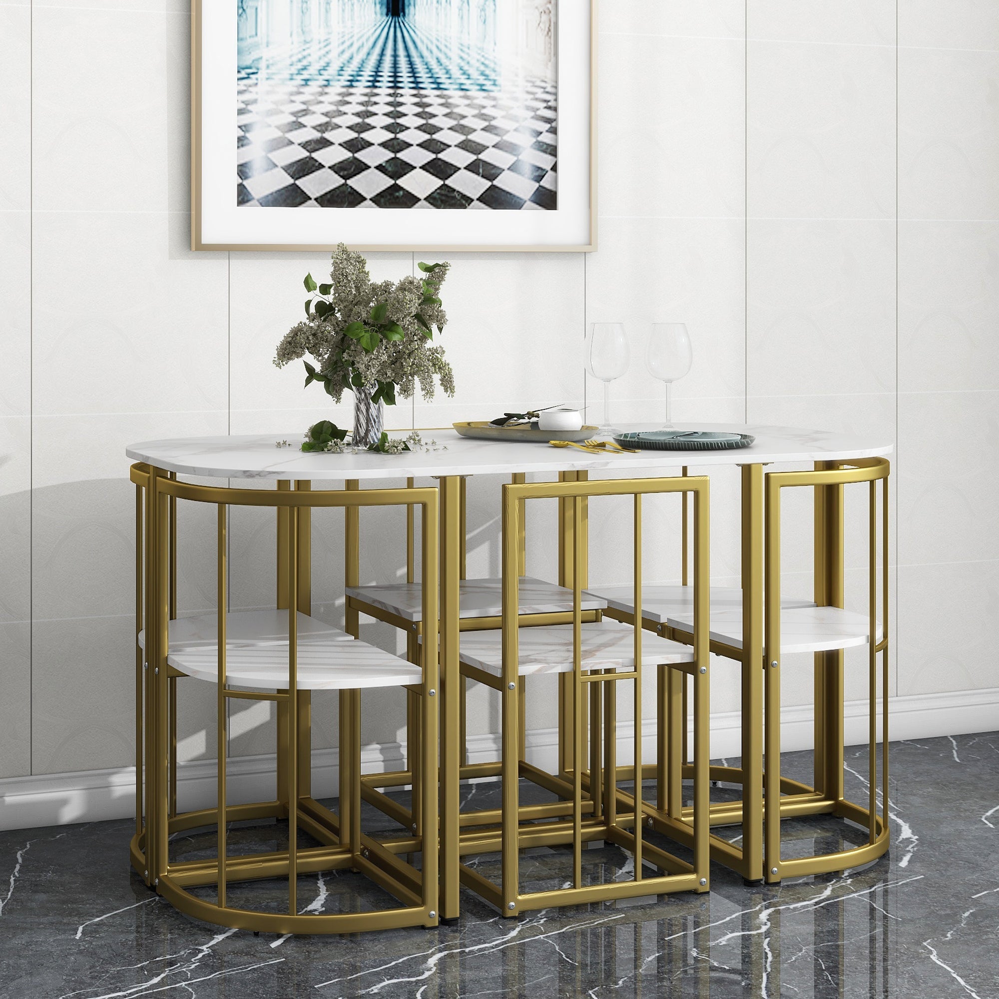 TOPMAX Modern 7-Piece Dining Table Set with Faux Marble Compact 55Inch Kitchen Table Set for 6 Golden+White