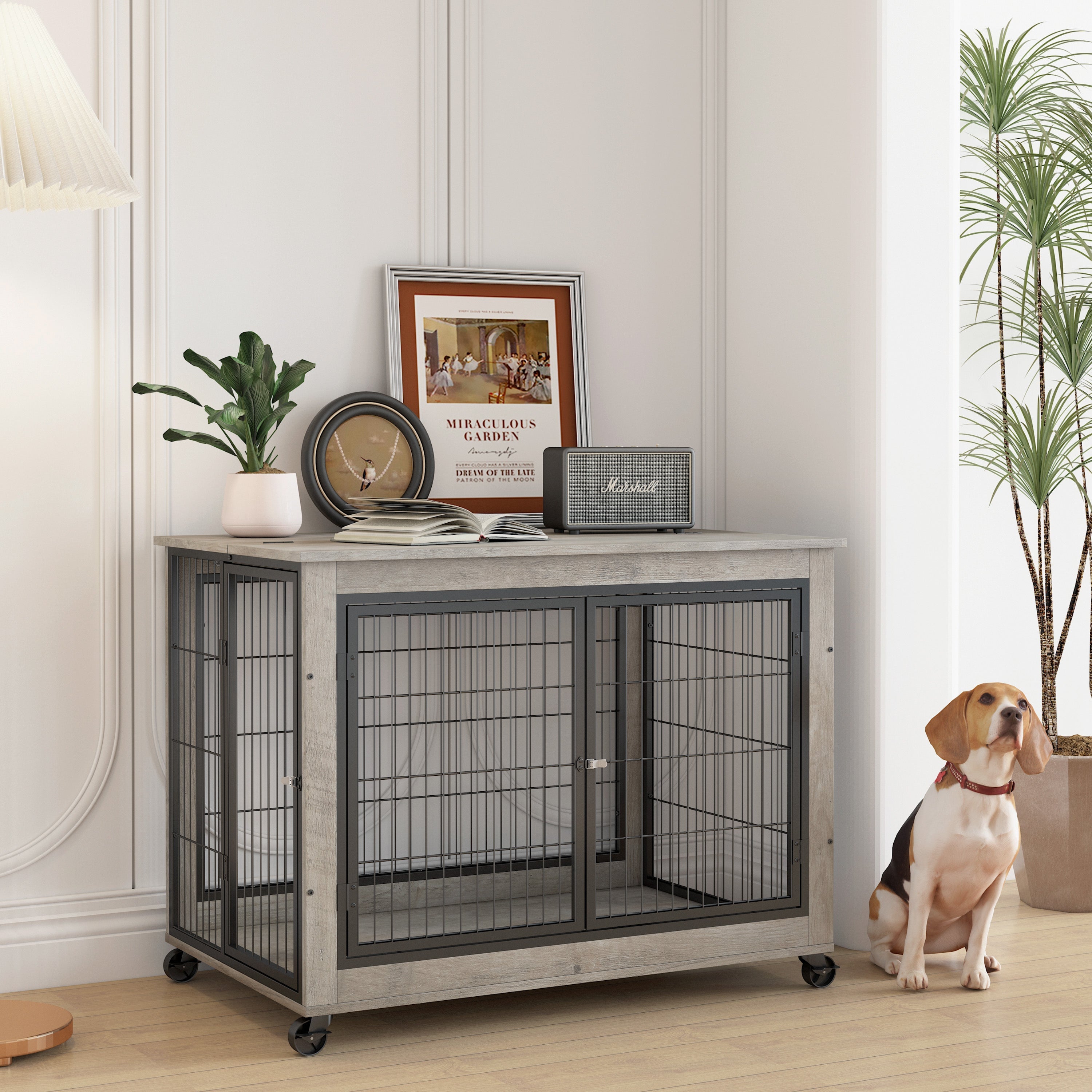 Furniture Style Dog Crate Side Table on Wheels with Double Doors and Lift Top.Grey,38.58&