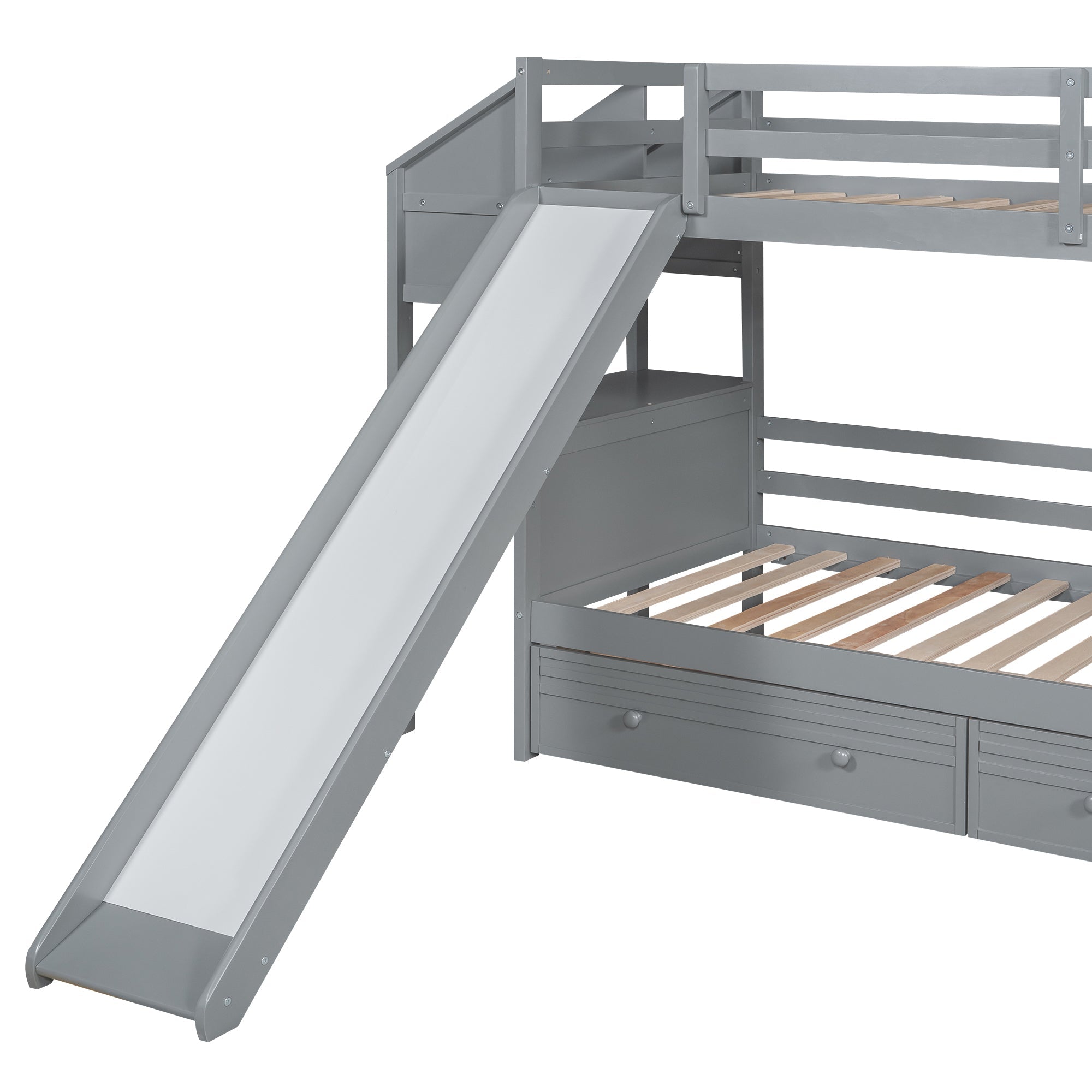 Twin over Twin Bunk Bed with Storage Staircase, Slide and Drawers, Desk with Drawers and Shelves Gray