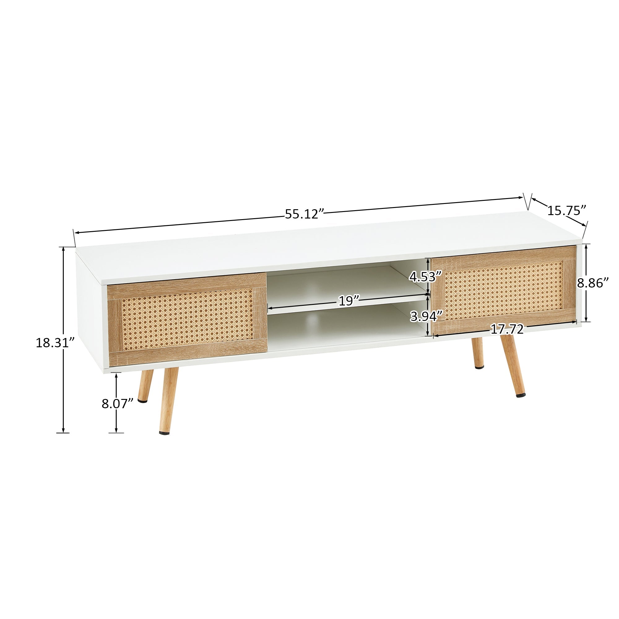 55.12" Rattan TV cabinet double sliding doors for storage adjustable shelf solid wood legs TV console for living room White