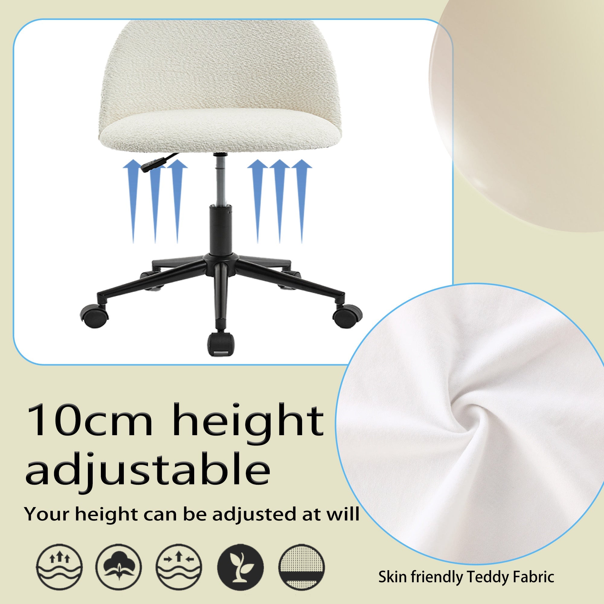 Velvet fabric office chair, mid back adjustable rotating computer chair, black legs, cushioned office chair with wheels ,White