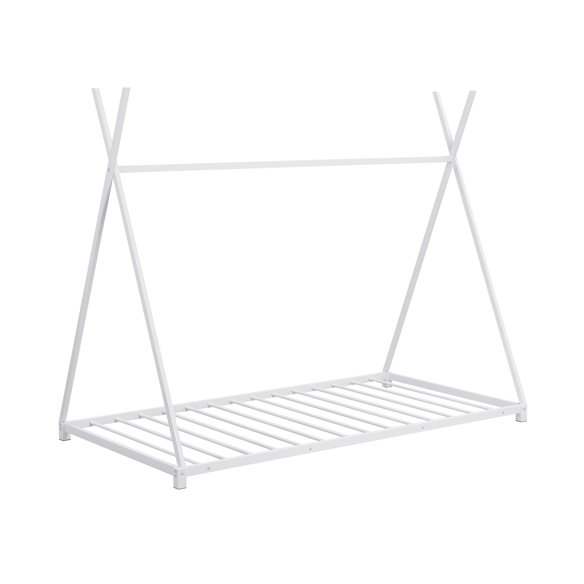 Metal Twin Size House Platform Bed with Triangle Structure White