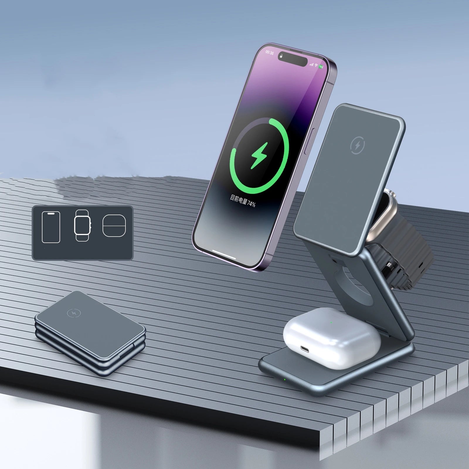 Alloy folding Magsafe15W magnetic wireless fast charging mobile phone earphone watch three-in-one folding wireless charger