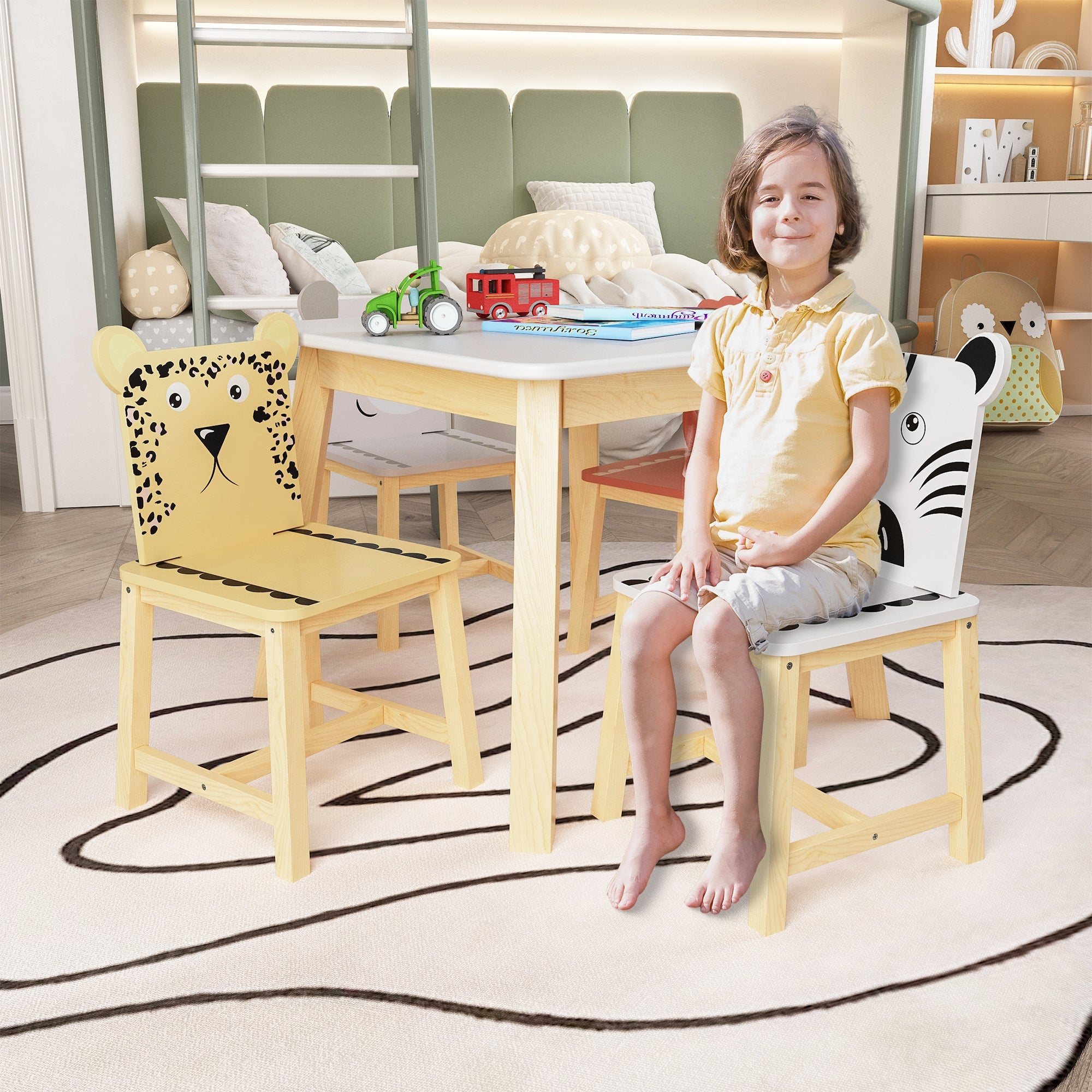 5 Piece Kiddy Table and Chair Set Kids Wood Table with 4 Chairs Set Cartoon Animals (bigger table) (3-8 years old)