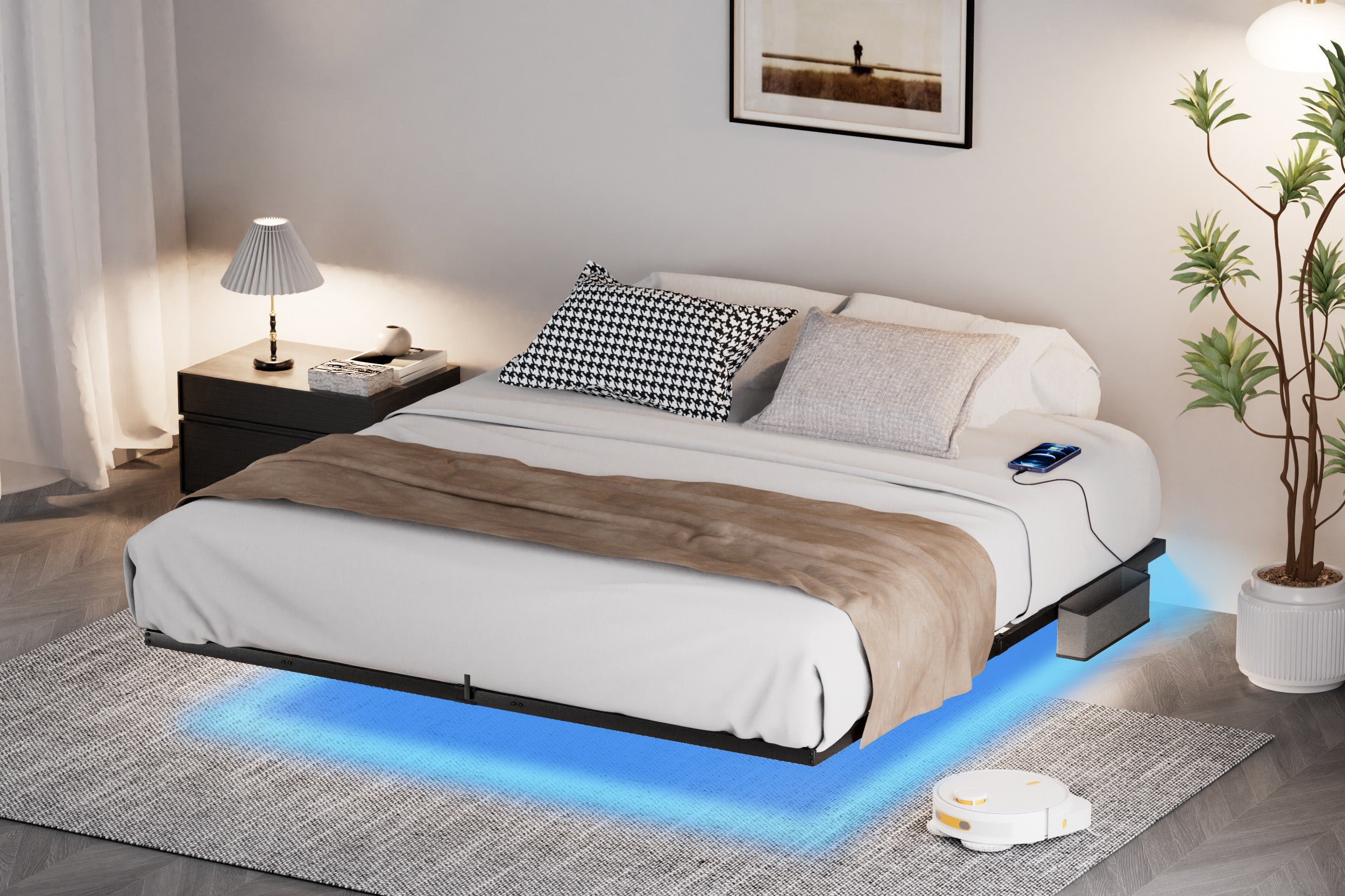 Floating Bed Frame King Size with LED Lights & charging station, Metal Platform Queen Bed, 79.9&