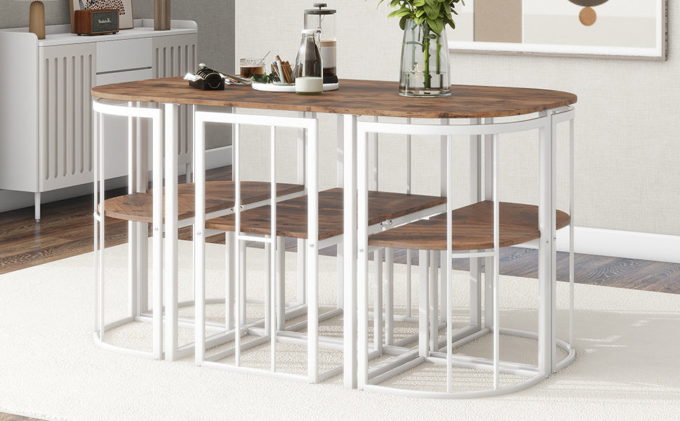 TOPMAX Modern 7-Piece Dining Table Set with Faux Marble Compact 55Inch Kitchen Table Set for 6 White+Cherry