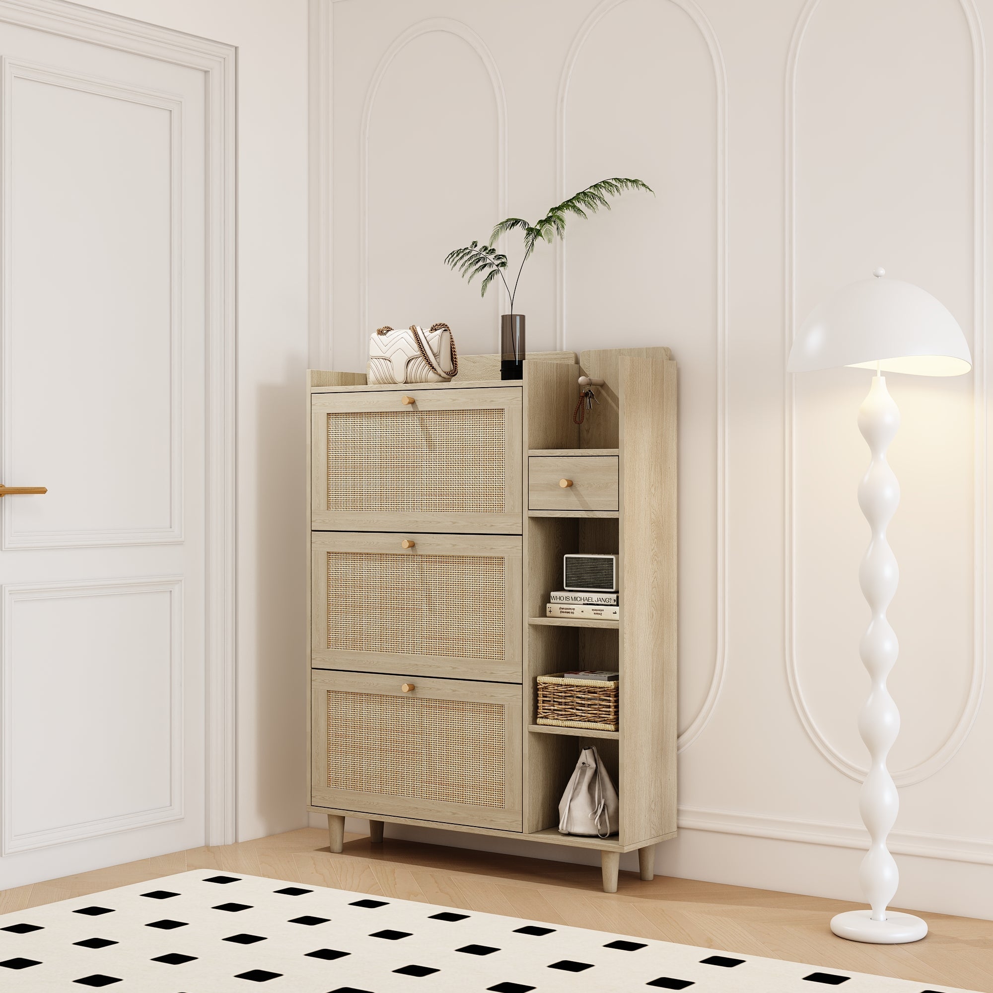 Natural Bohemian style shoe cabinet with 3 rattan flip drawers, 3 square shelves, and 1 storage drawer, Natural