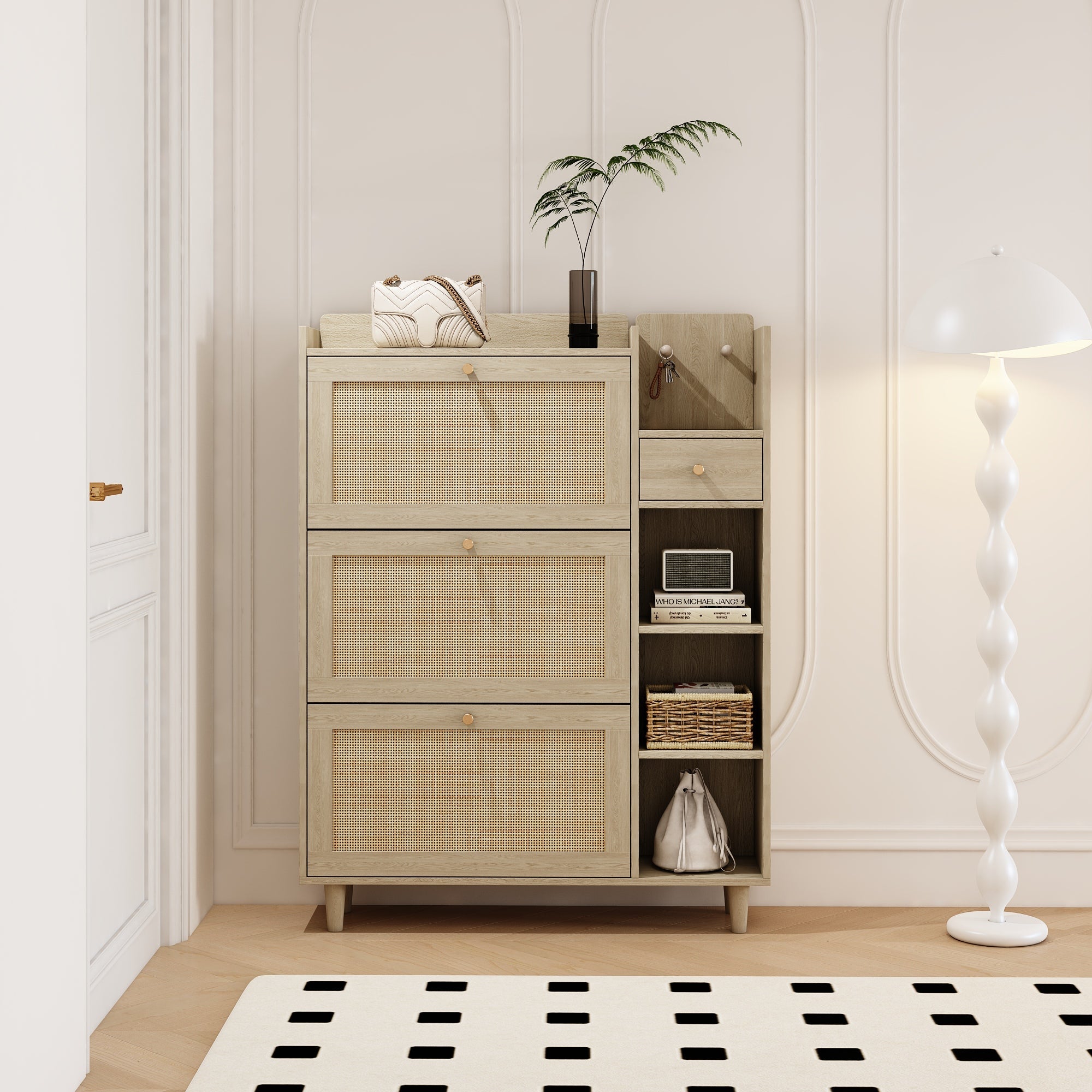 Natural Bohemian style shoe cabinet with 3 rattan flip drawers, 3 square shelves, and 1 storage drawer, Natural