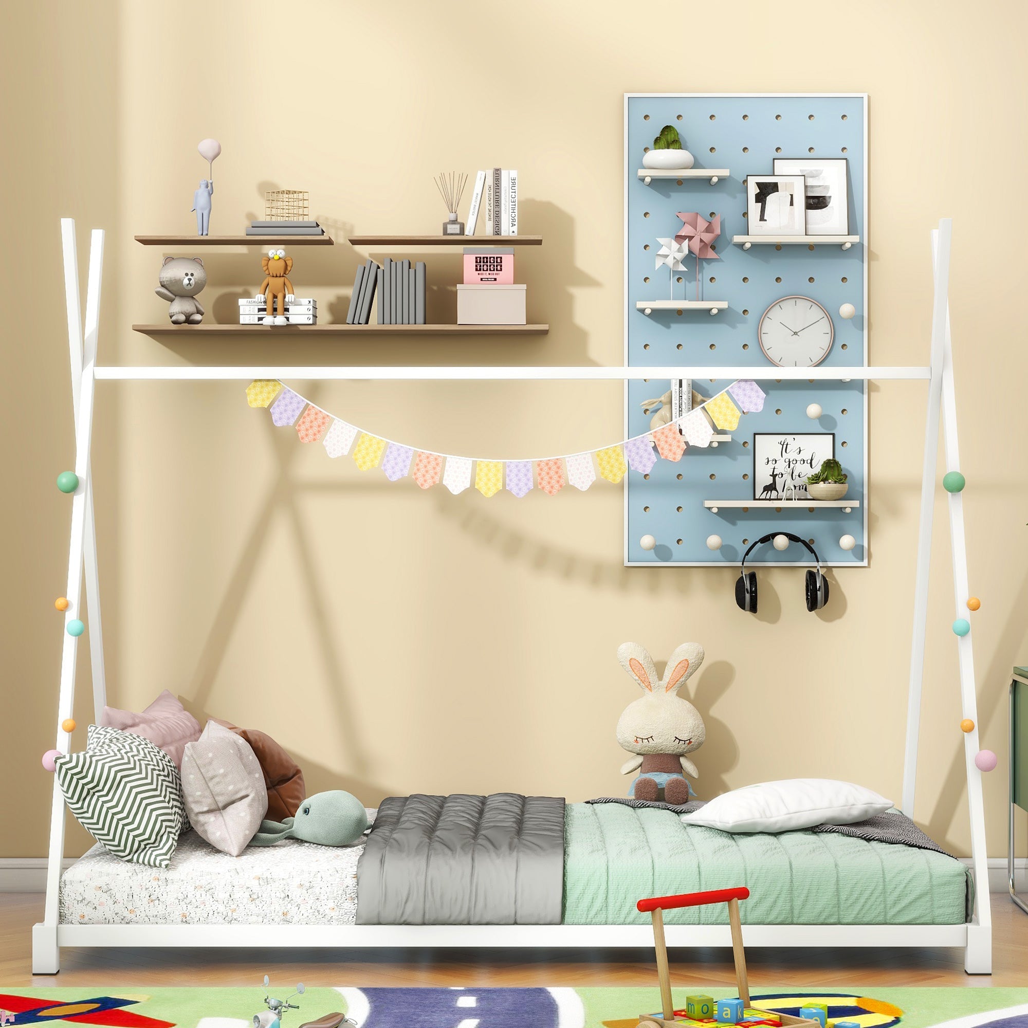 Metal Twin Size House Platform Bed with Triangle Structure White