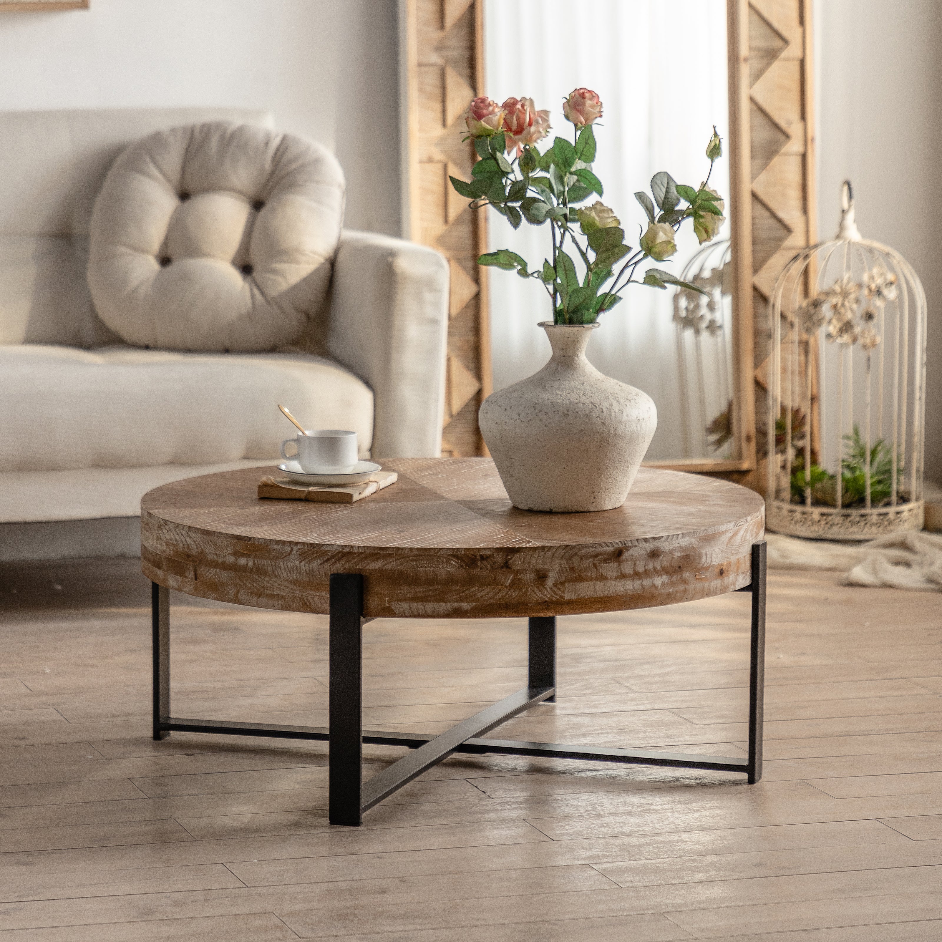 31.29"Modern Retro Splicing Round Coffee Table Fir Wood Table Top with Cross Legs Metal Base(Same SKU:W757123560)