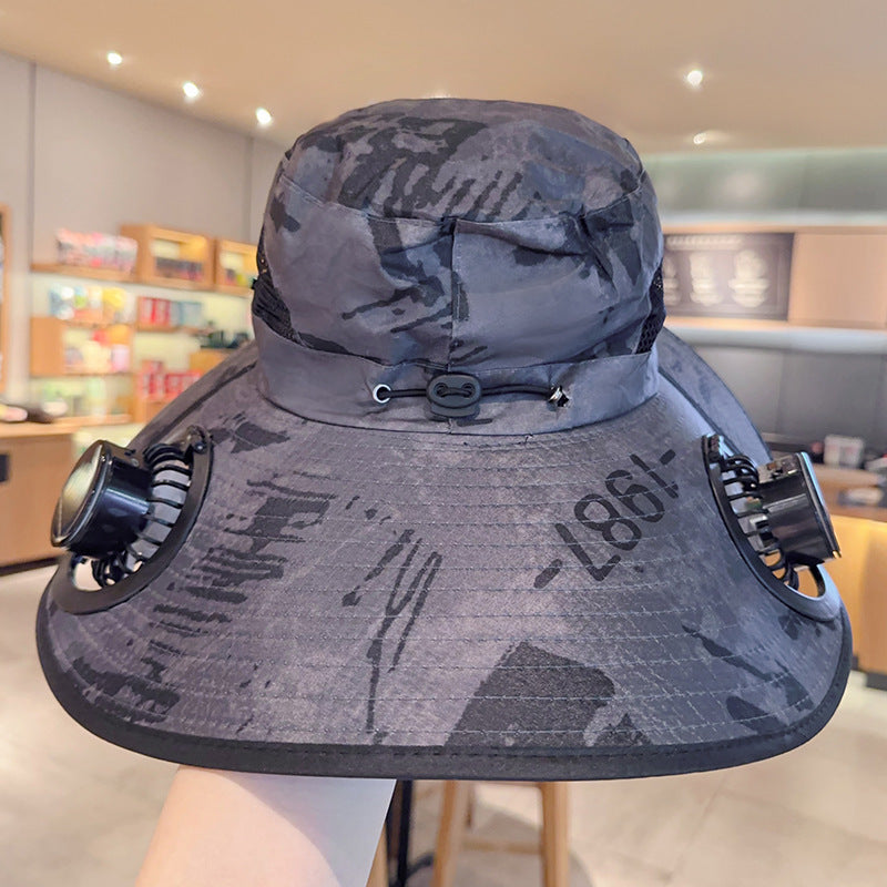 Solar powered fan large brim hat men&