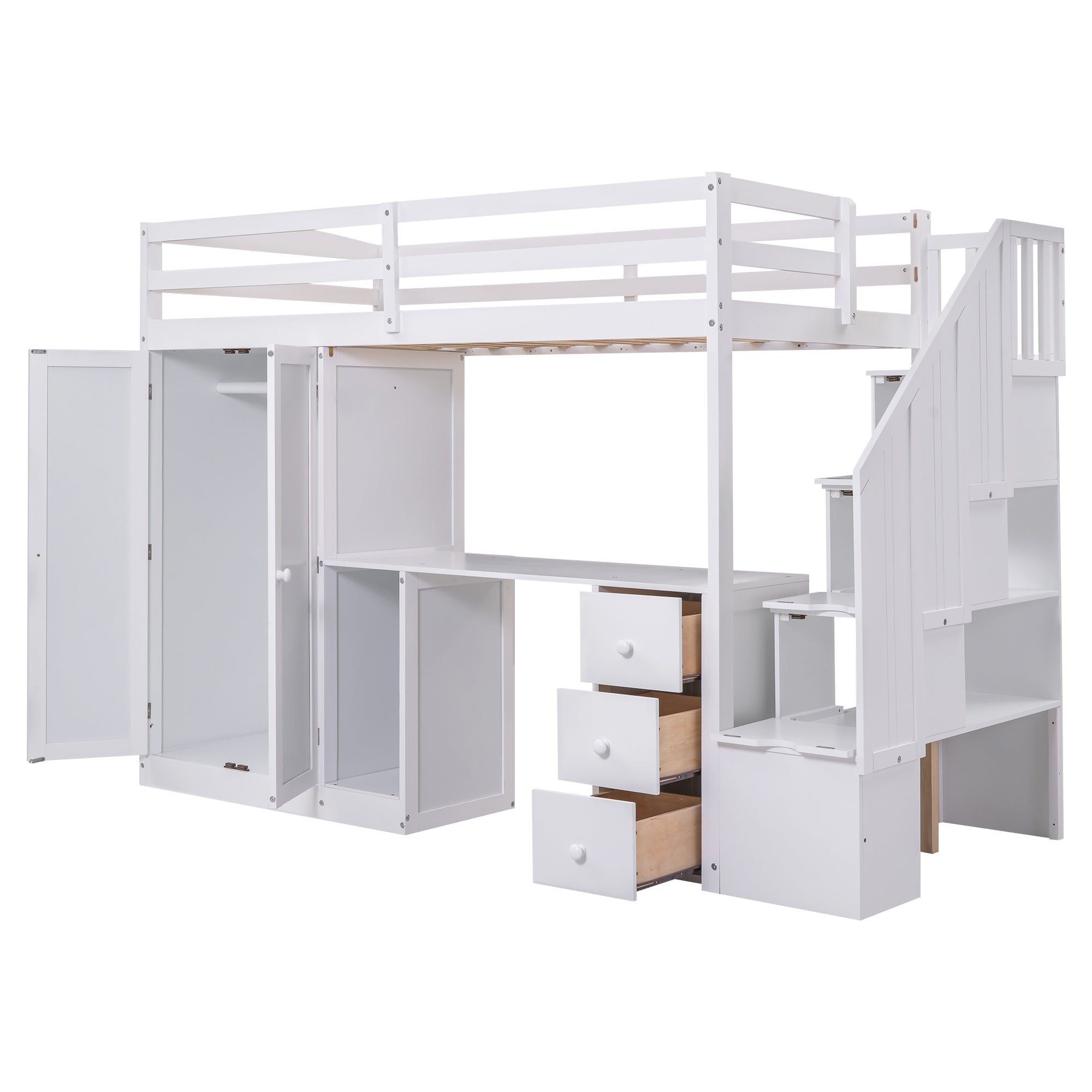 Twin Size Loft Bed with Wardrobe and Staircase, Desk and Storage Drawers and Cabinet in 1 White