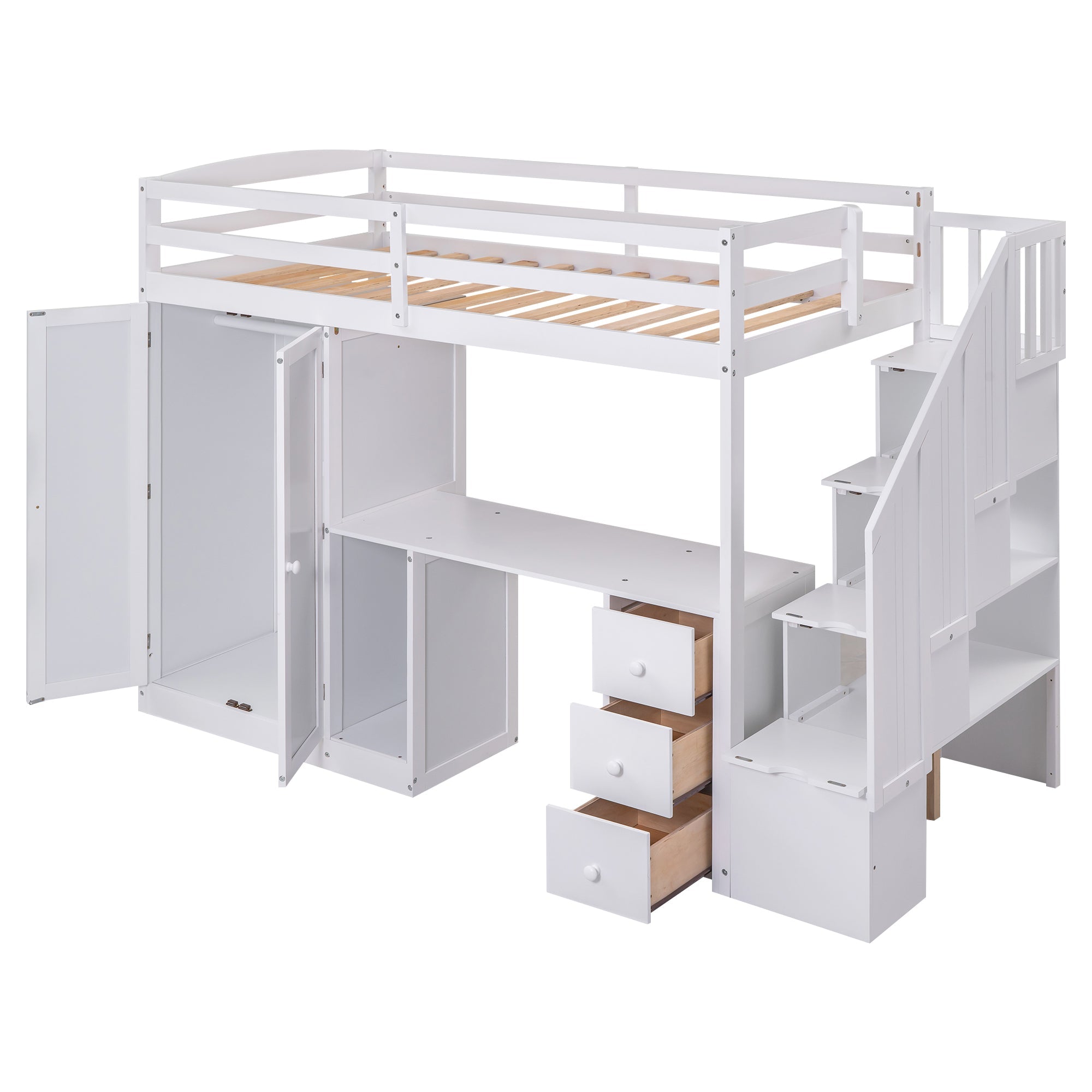 Twin Size Loft Bed with Wardrobe and Staircase, Desk and Storage Drawers and Cabinet in 1 White