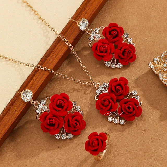 4pcs/Set Romantic Lovely Red Rose Flower Inlaid Rhinestone Pendant Necklaces+Dangle Earrings+Ring,For Women Valentine&