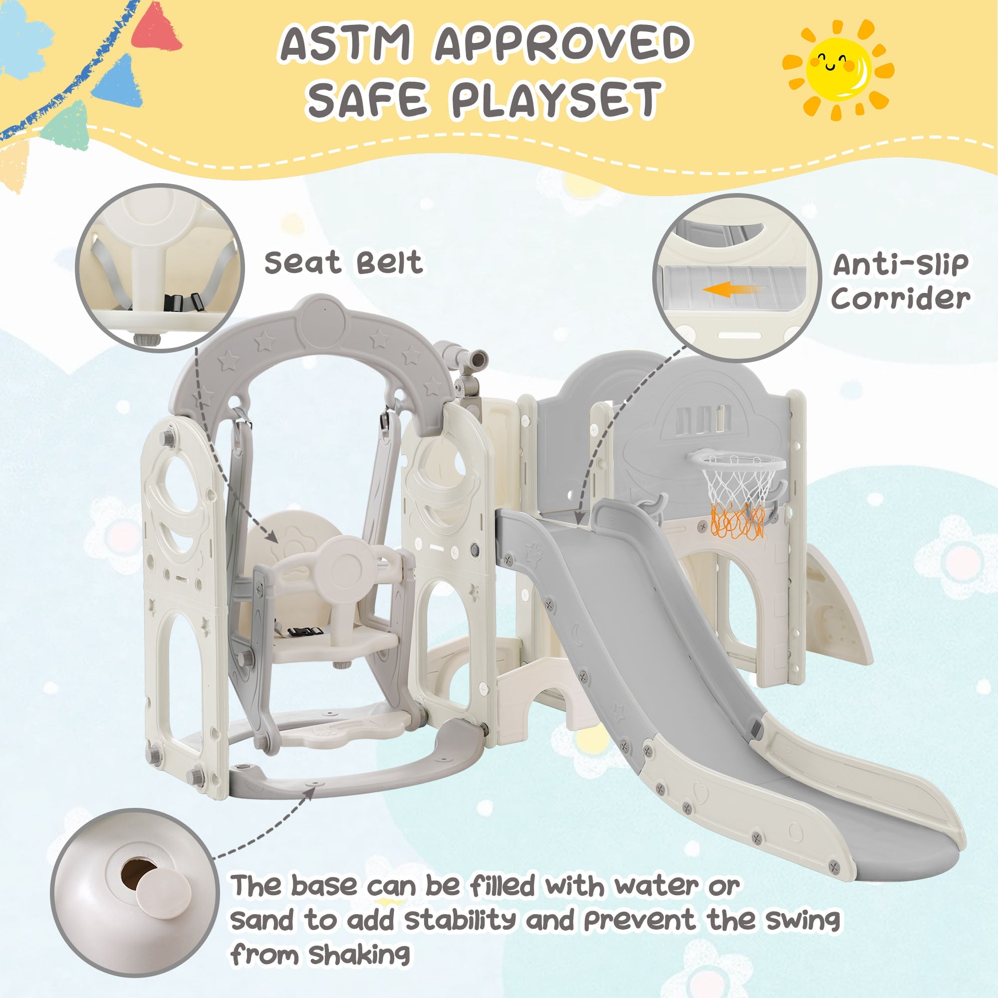 Toddler Slide and Swing Set 7 in 1, Kids Playground Climber Slide Playset with Basketball Hoop Freestanding Combination
