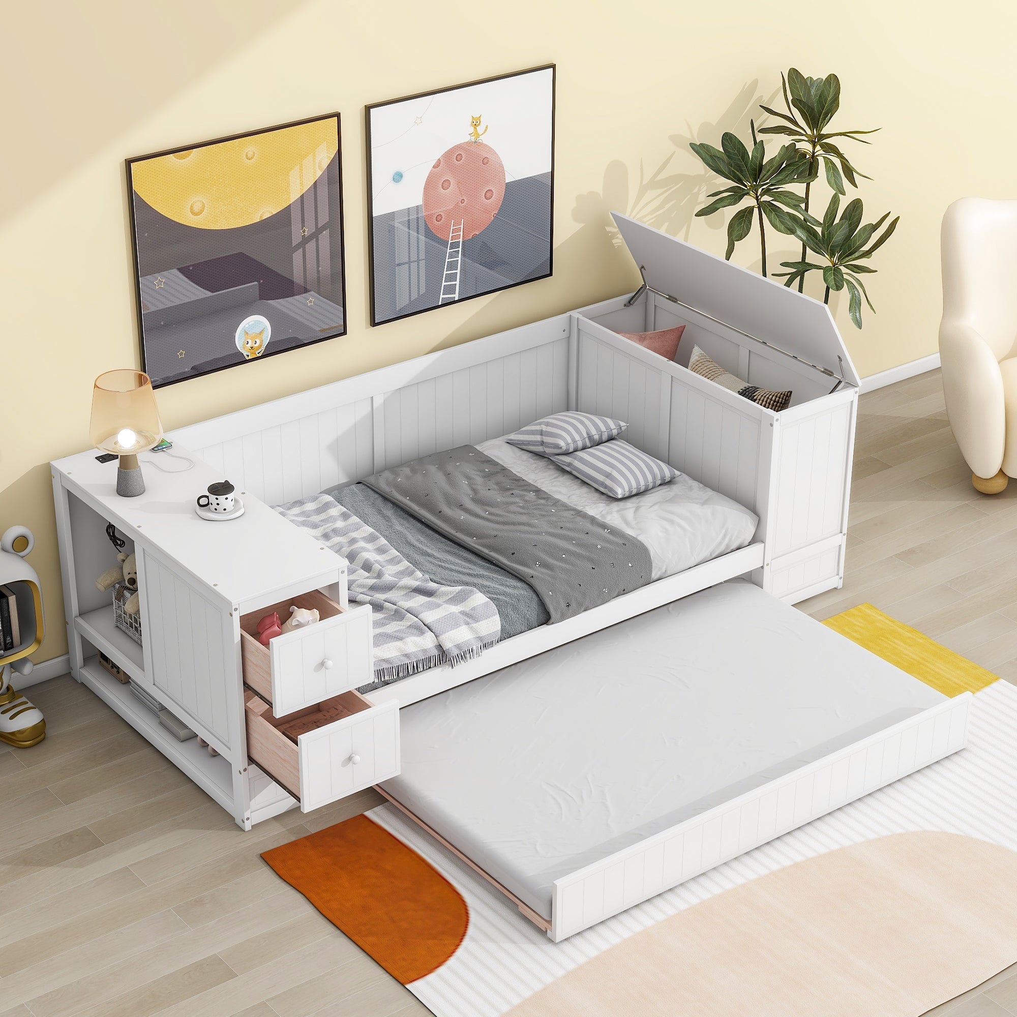 Twin Size Daybed with Storage Arms Trundle and Charging Station White