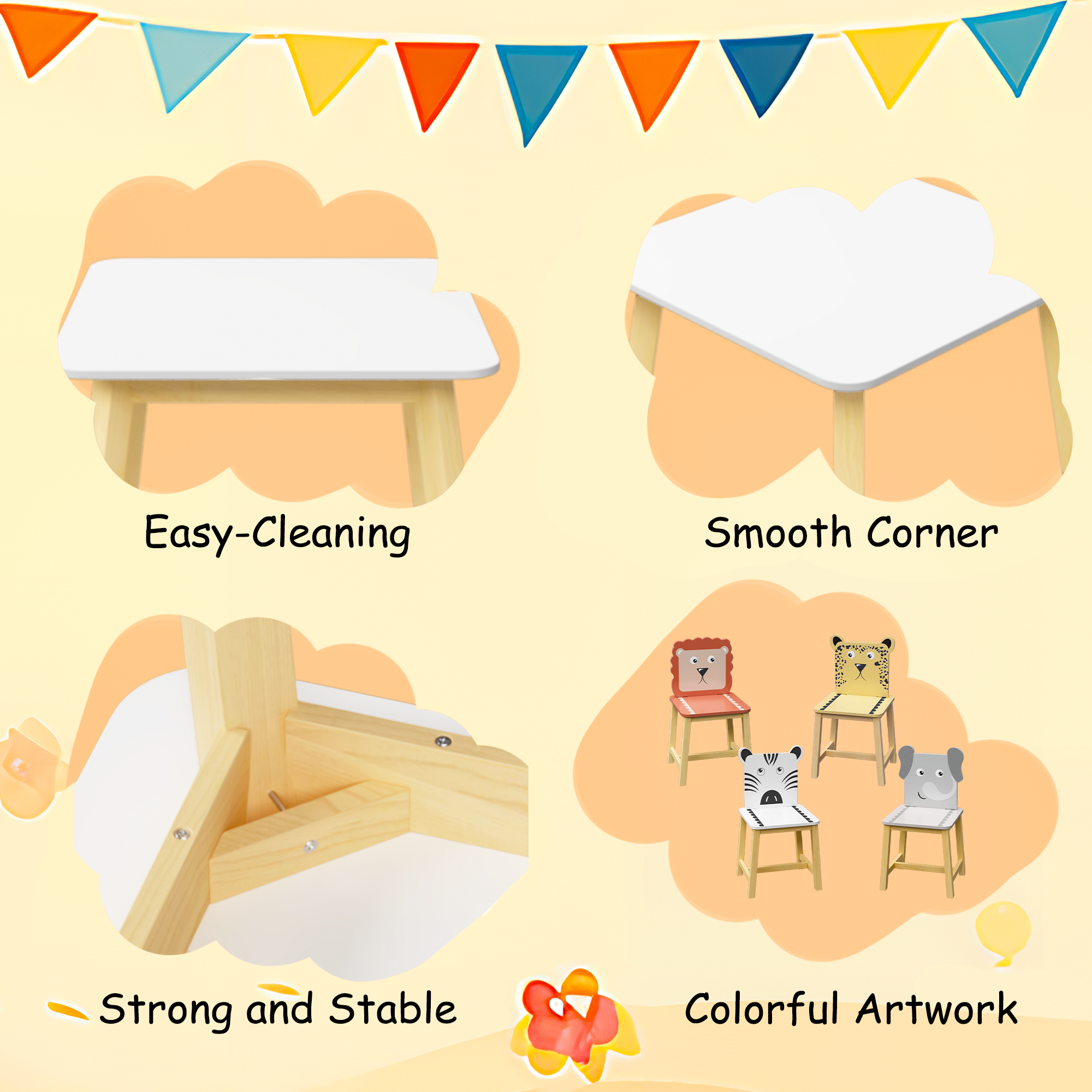5 Piece Kiddy Table and Chair Set Kids Wood Table with 4 Chairs Set Cartoon Animals (bigger table) (3-8 years old)