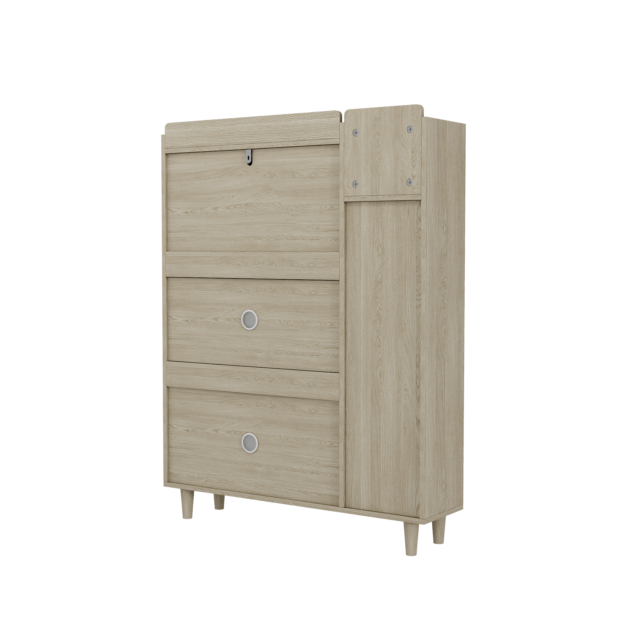 Natural Bohemian style shoe cabinet with 3 rattan flip drawers, 3 square shelves, and 1 storage drawer, Natural