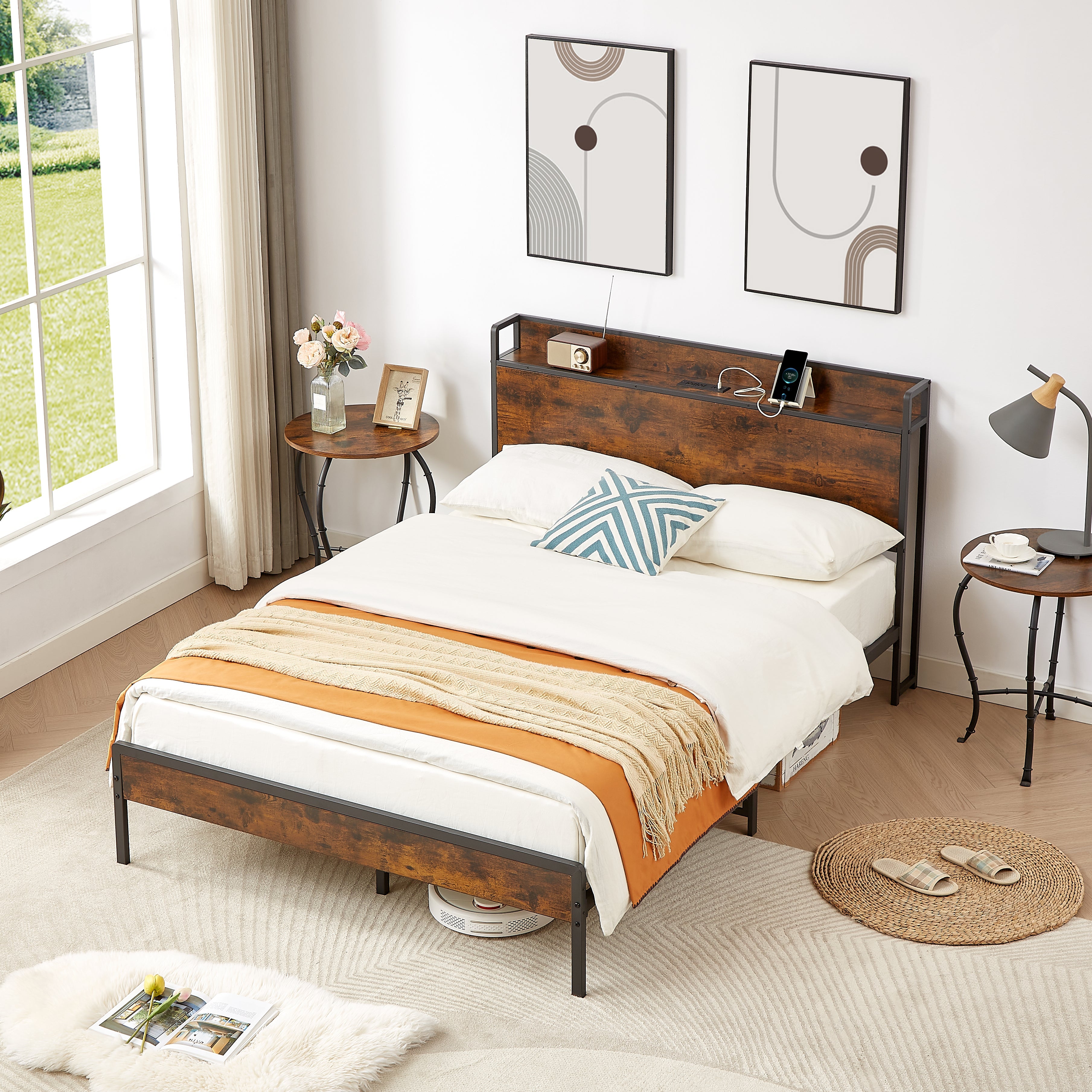 Bed frame with charging station full size, Rustic Brown, 83.1&