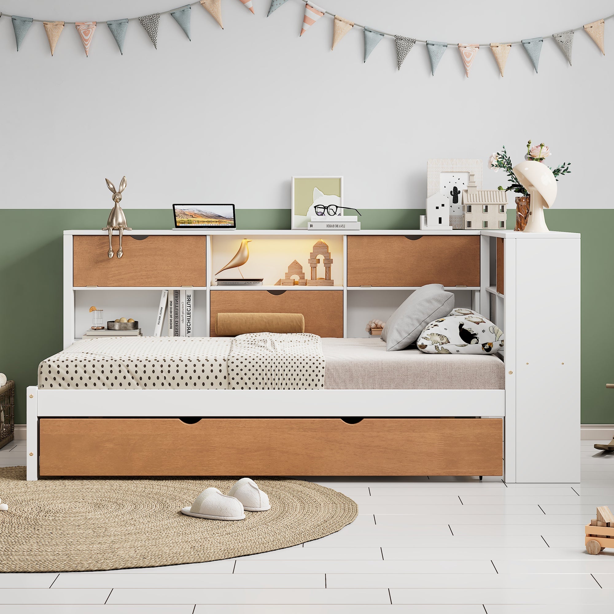 L-shaped bed frame with luggage and bookshelf, corner bed wooden captain&