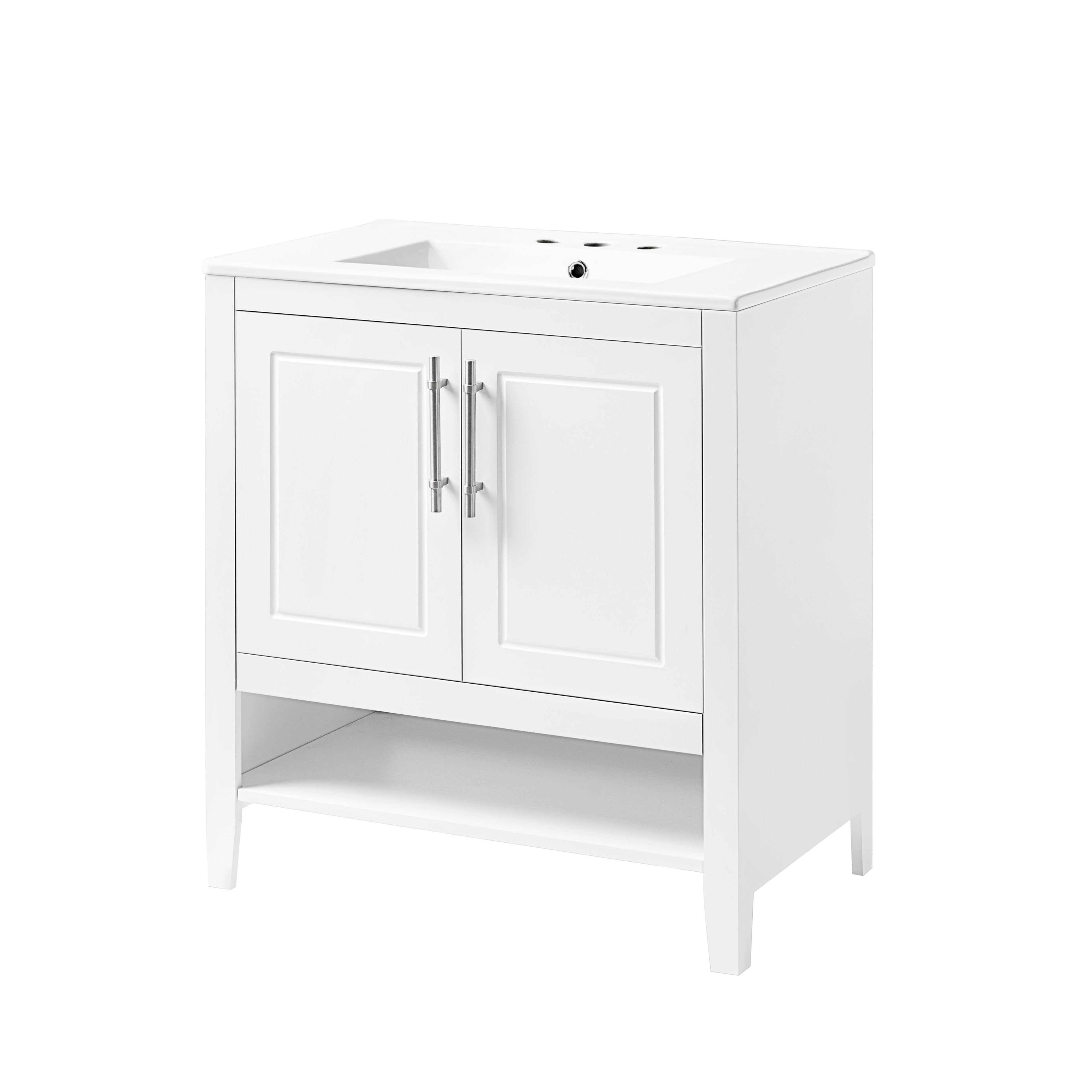 30" Bathroom Vanity with Sink Multi-functional Bathroom Cabinet with Doors and Drawers Solid Frame and MDF Board, White