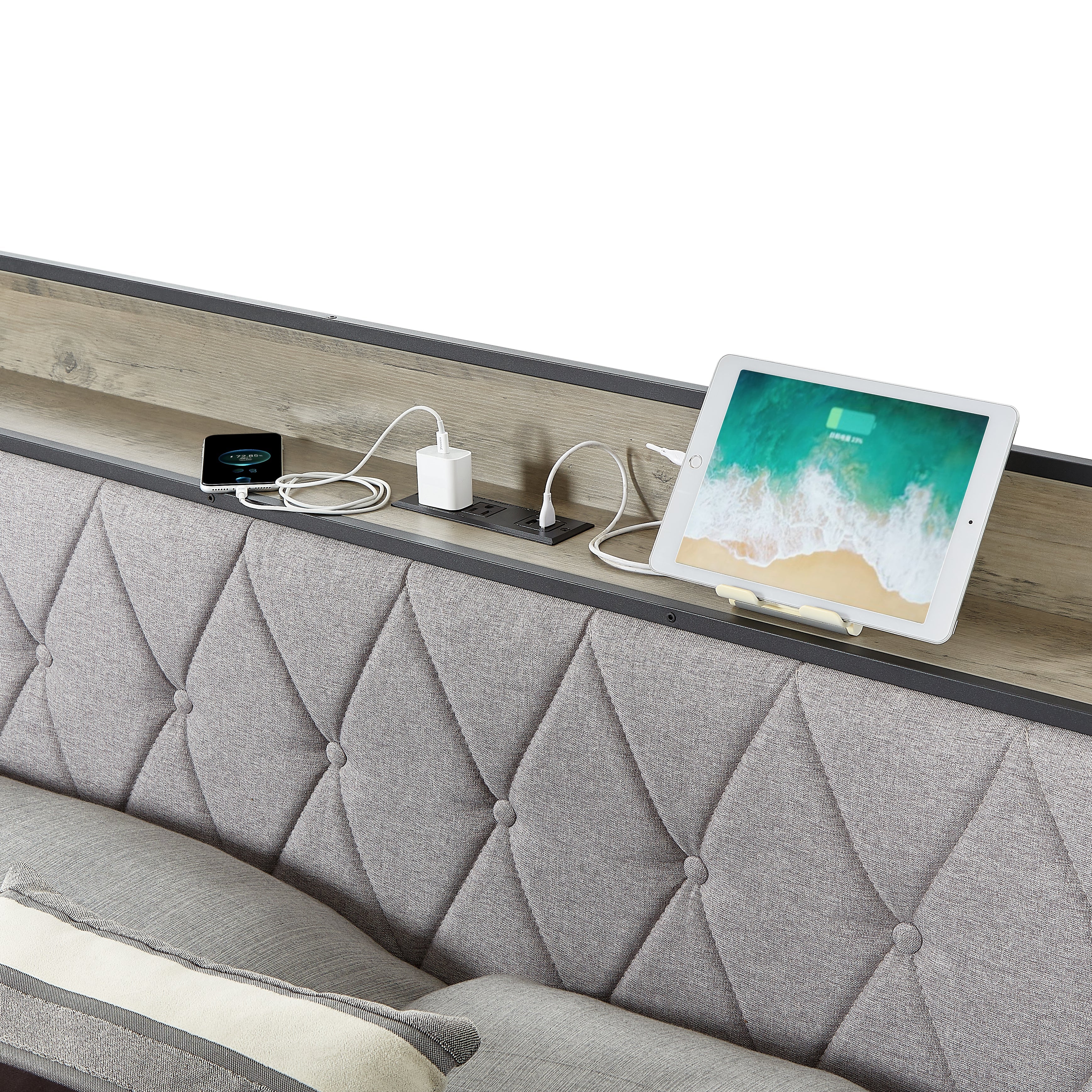 Bed frame with charging station full size, Grey, 83.1&