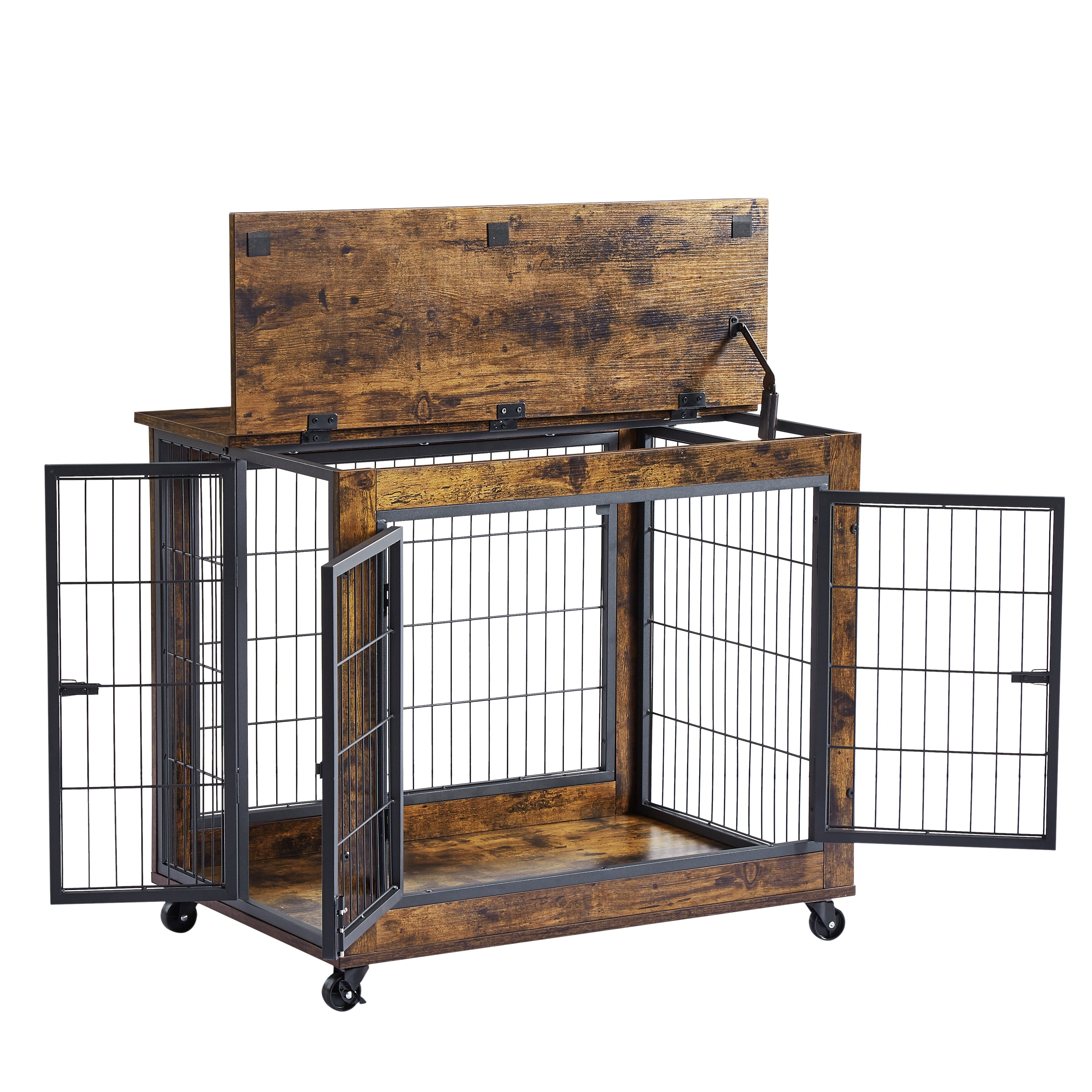 Furniture Style Dog Crate Side Table on Wheels with Double Doors and Lift Top. Rustic Brown, 31.50&