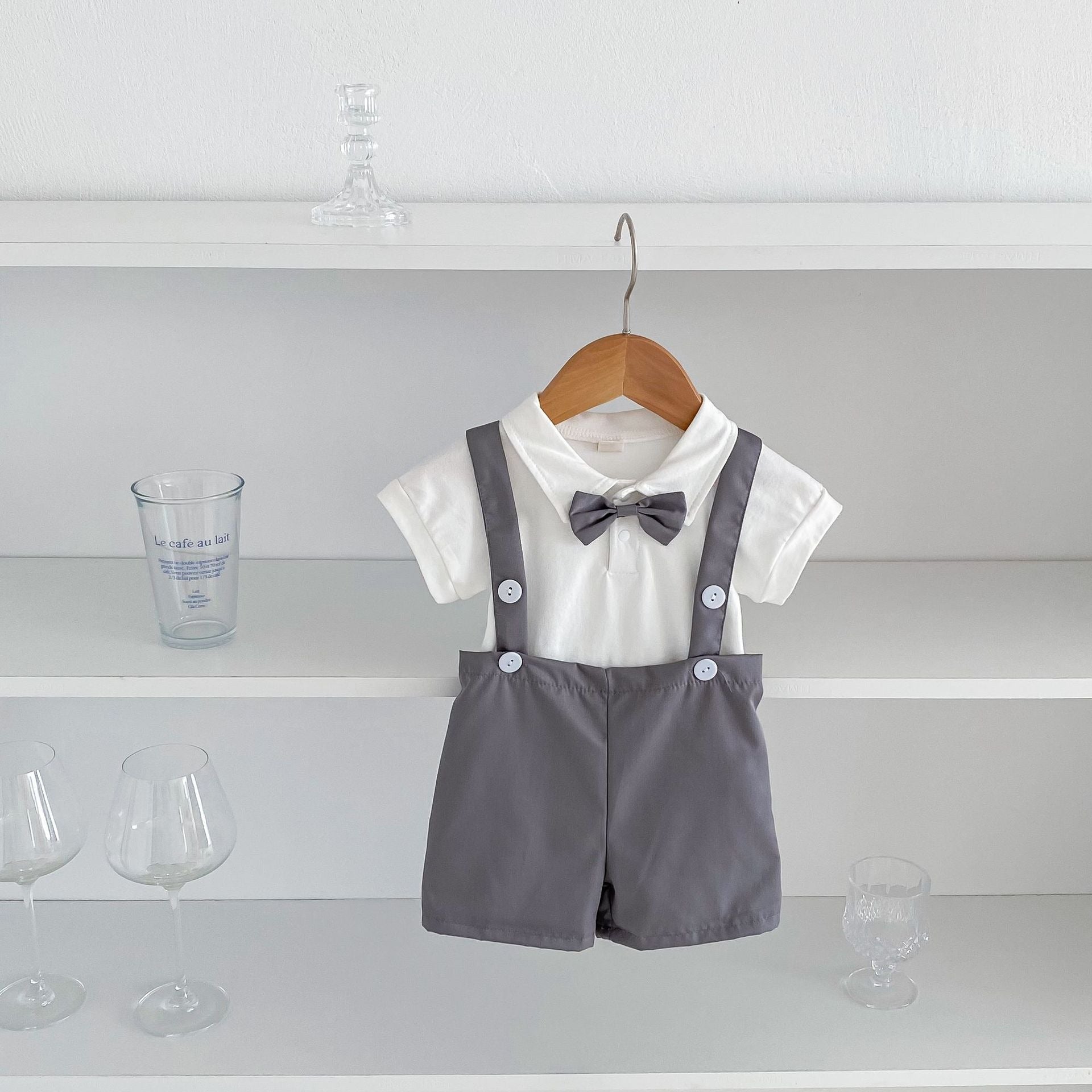Summer baby hoodie tie suspender shorts two-piece set for gentlemen&