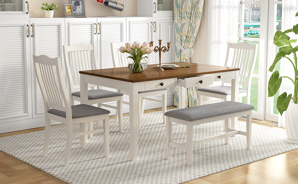 TOPMAX Mid-Century 6-Piece Wood Dining Table Set, Kitchen Table Set with Drawer Upholstered Chairs and Bench Butter Milk