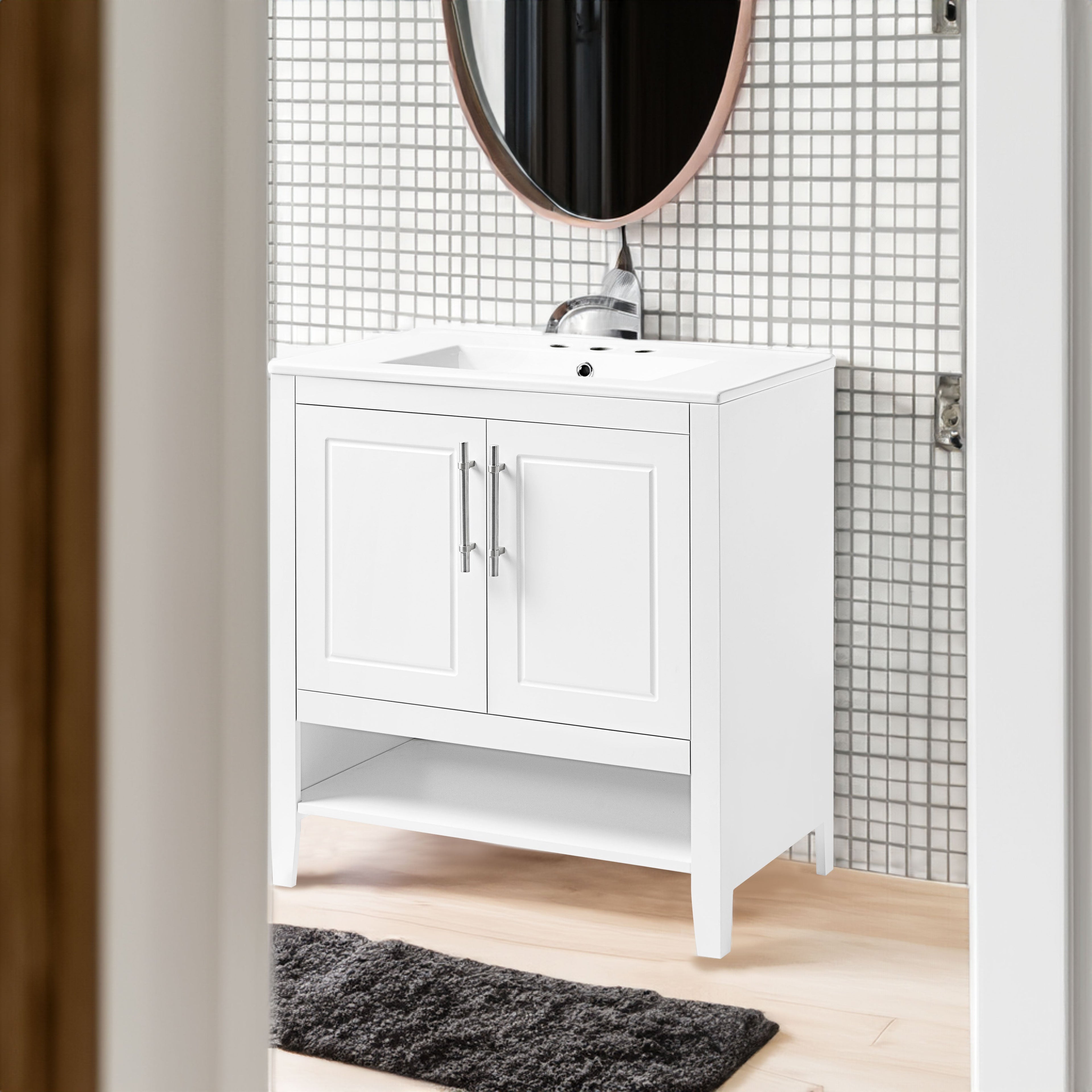 30" Bathroom Vanity with Sink Multi-functional Bathroom Cabinet with Doors and Drawers Solid Frame and MDF Board, White