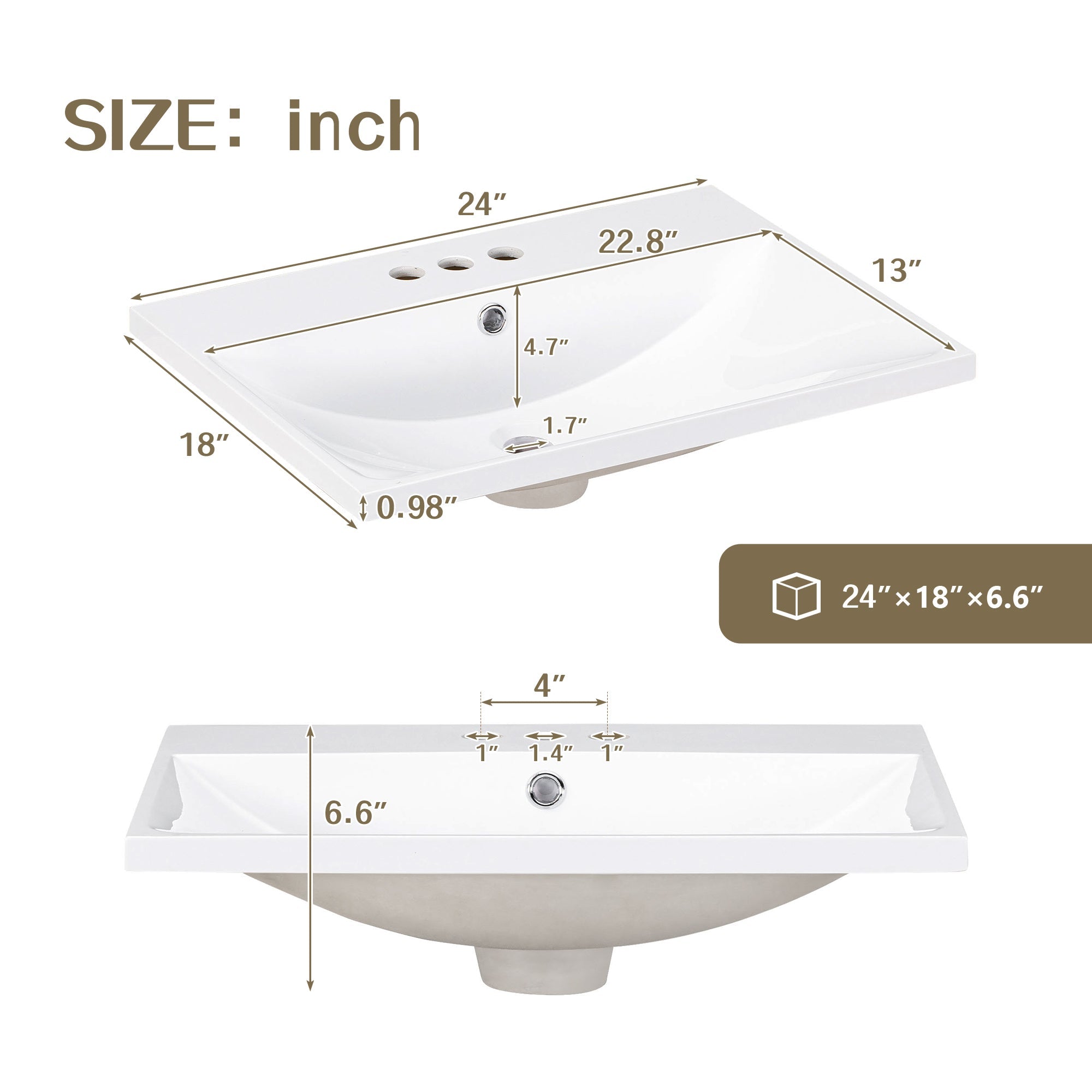 24" Bathroom Vanity Top Only White Basin 3-Faucet Holes 4" Faucet Available Ceramic