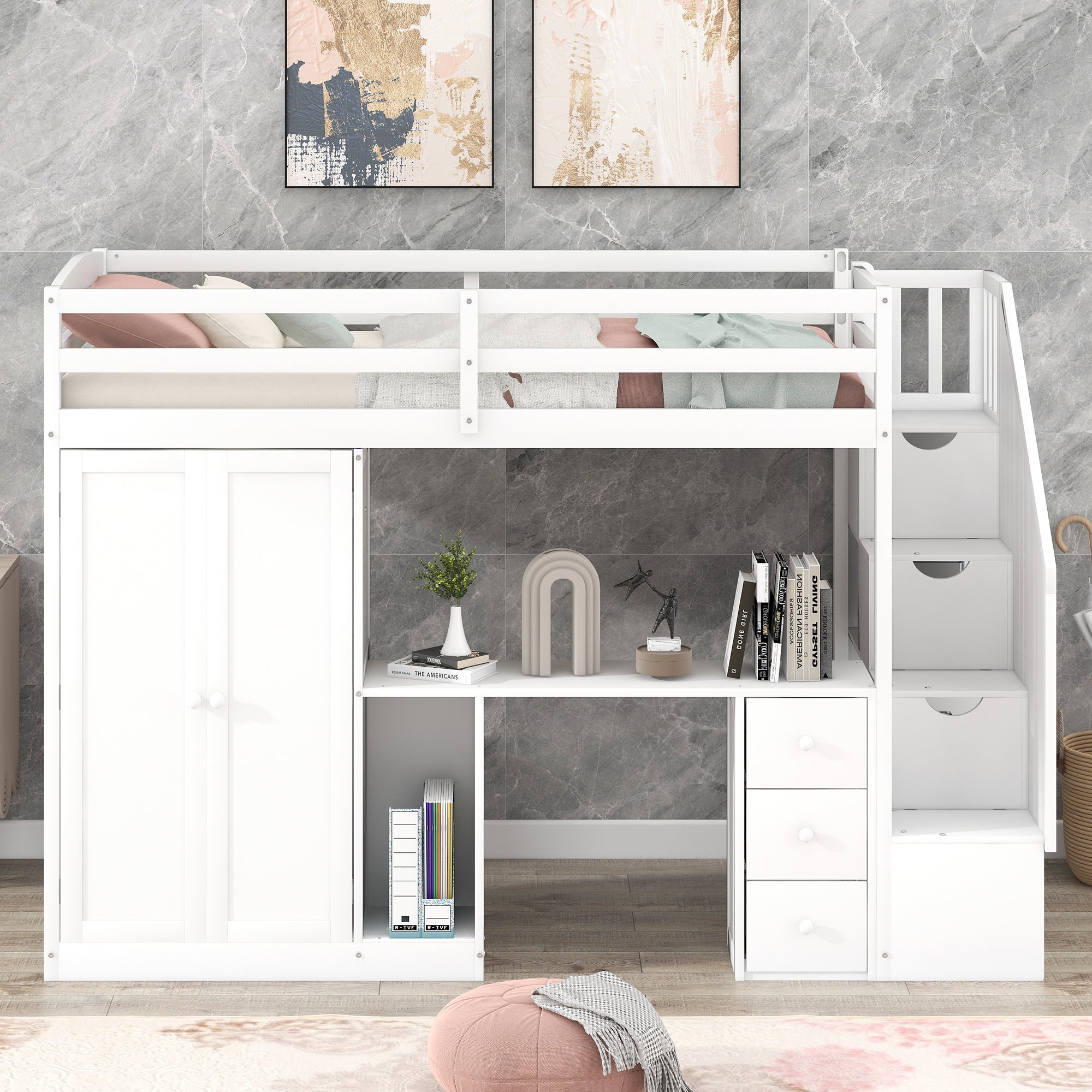 Twin Size Loft Bed with Wardrobe and Staircase, Desk and Storage Drawers and Cabinet in 1 White