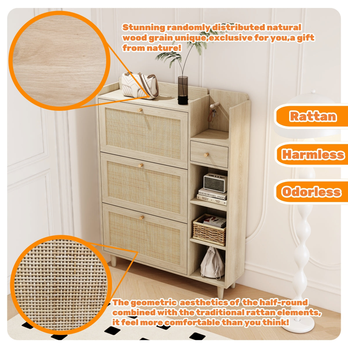 Natural Bohemian style shoe cabinet with 3 rattan flip drawers, 3 square shelves, and 1 storage drawer, Natural