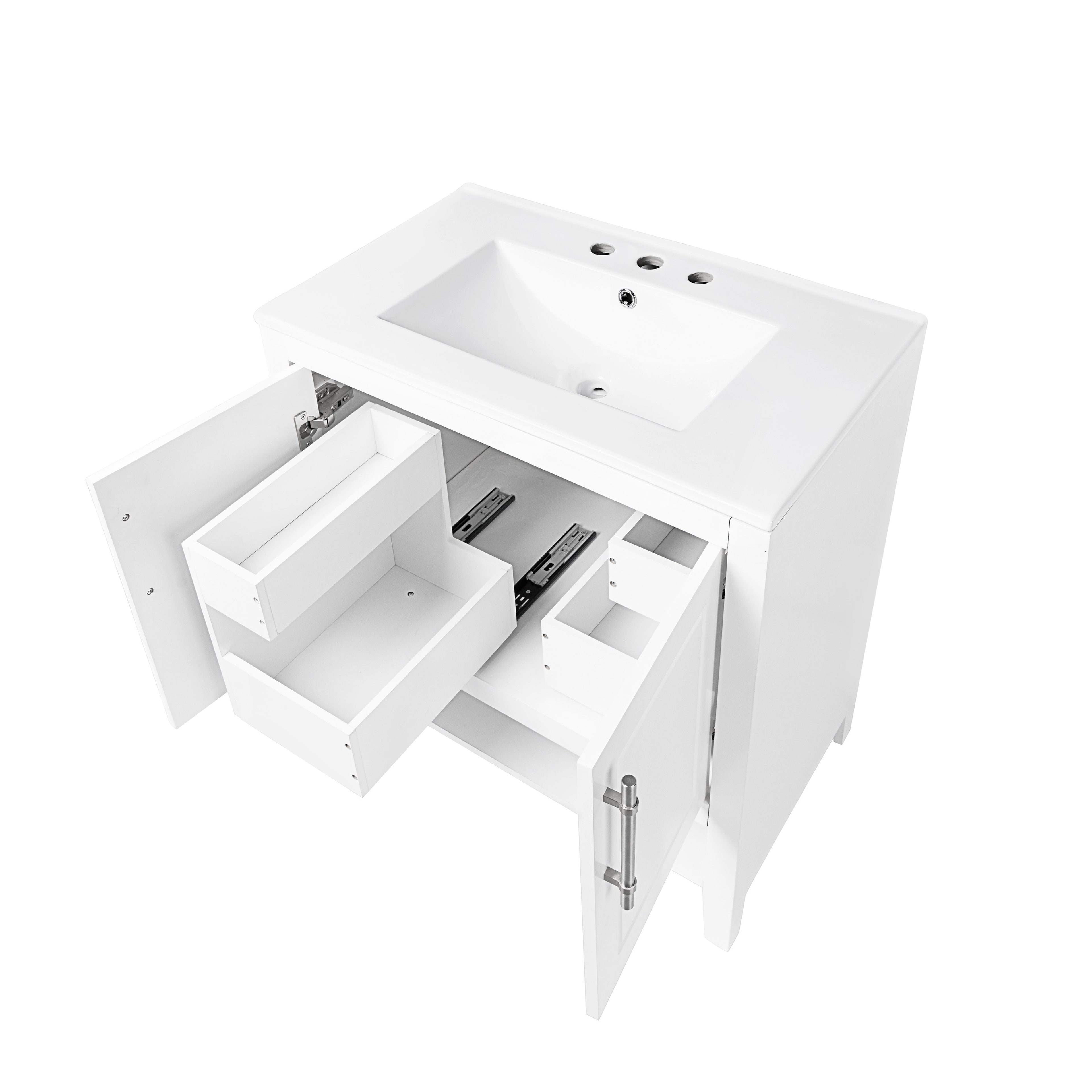 30" Bathroom Vanity with Sink Multi-functional Bathroom Cabinet with Doors and Drawers Solid Frame and MDF Board, White