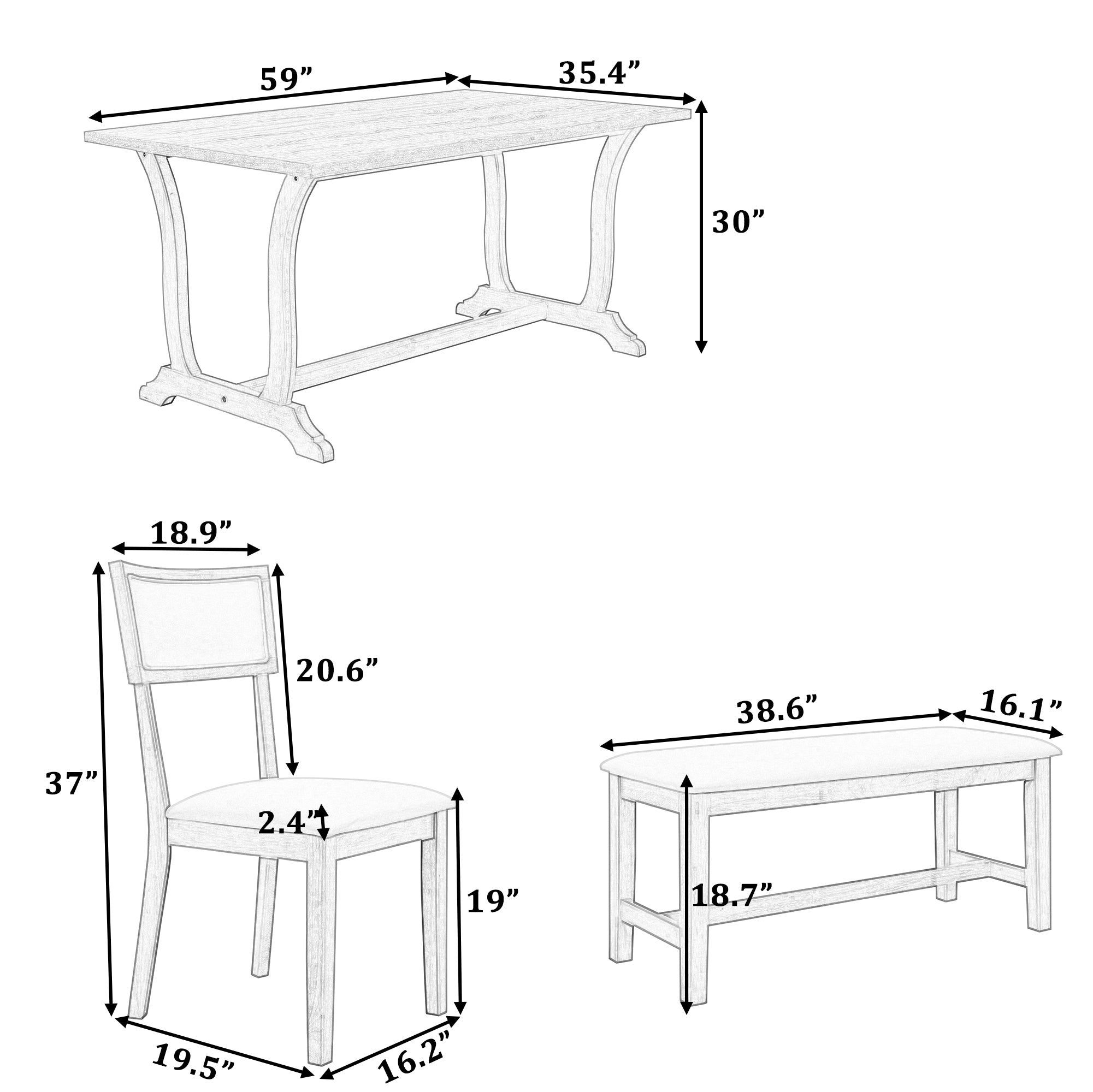 TOPMAX Farmhouse 6-Piece Trestle Dining Table Set with Upholstered Dining Chairs and Bench 59inch, White