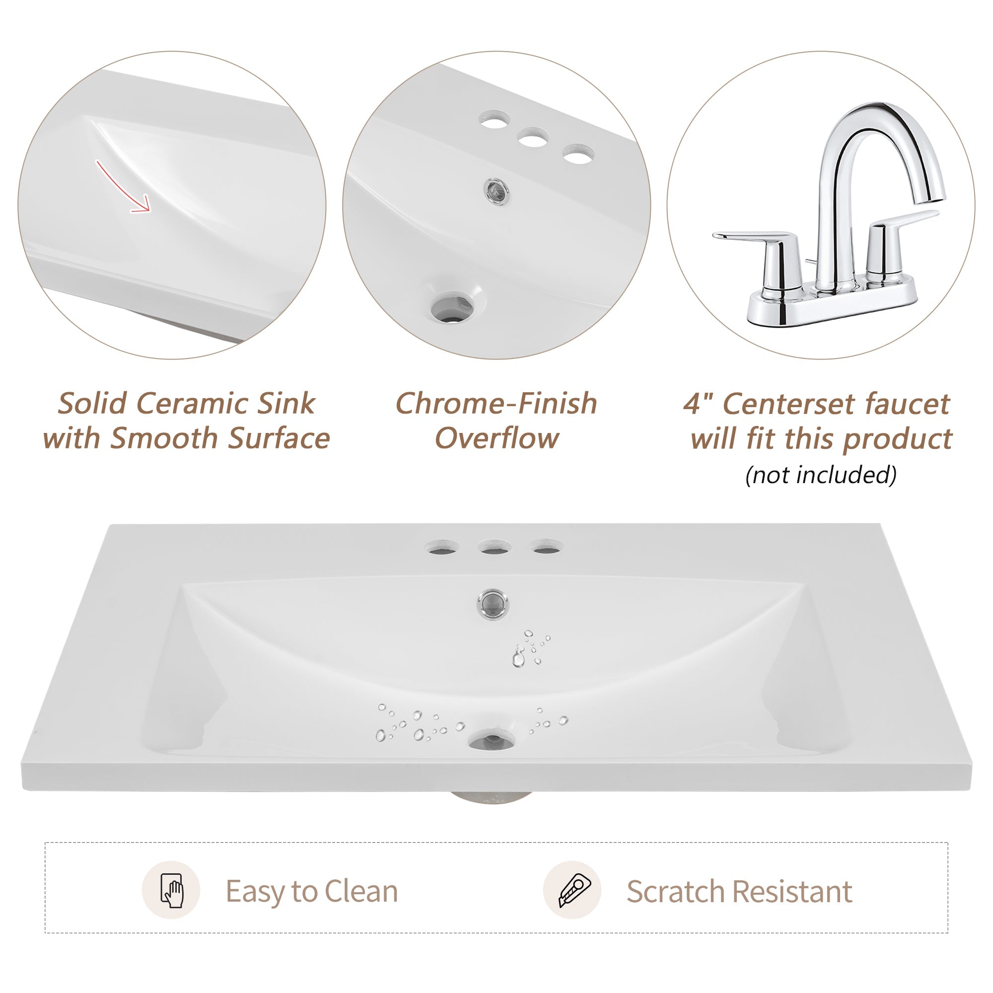 30" Single Bathroom Vanity Top with White Basin 3-Faucet Holes Ceramic White