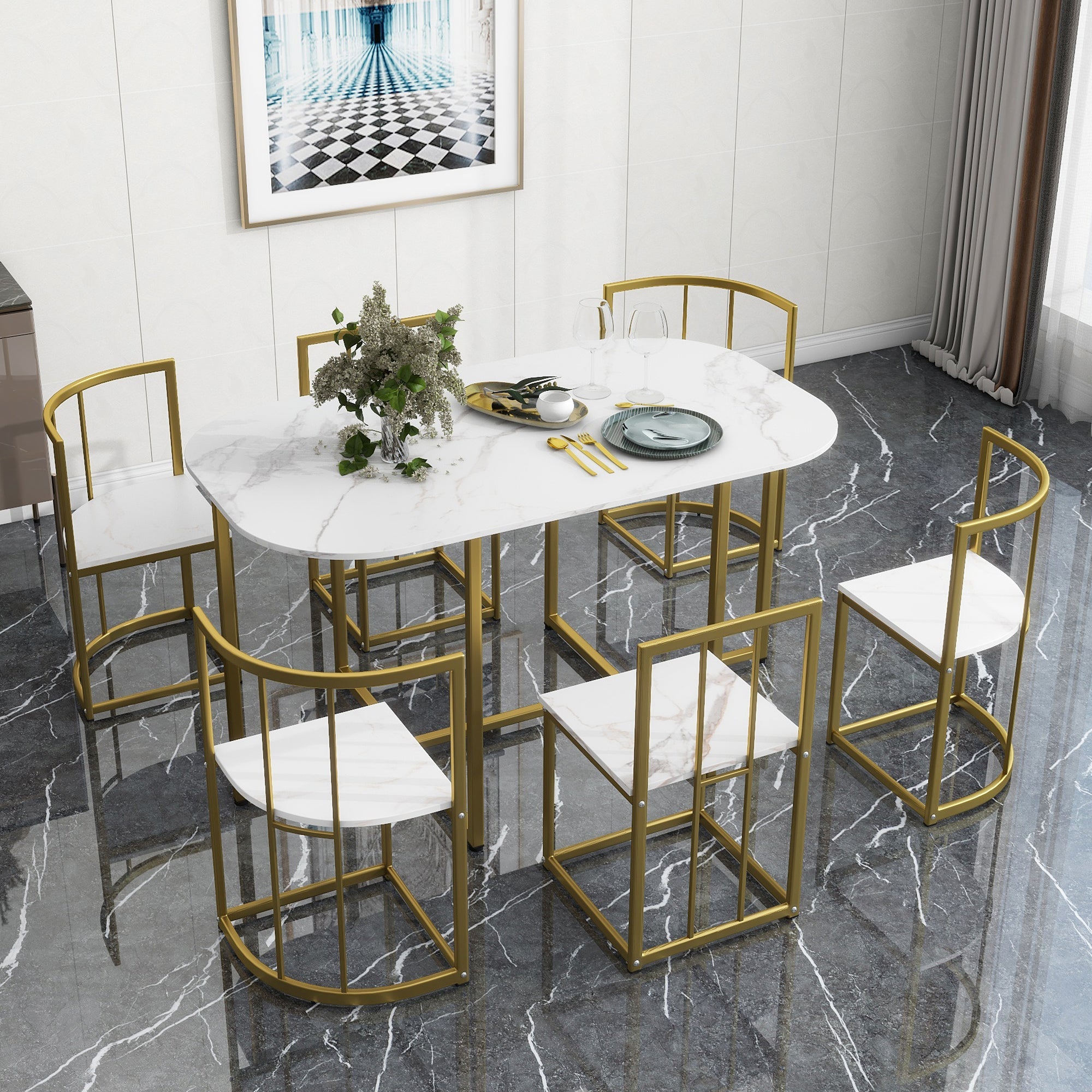 TOPMAX Modern 7-Piece Dining Table Set with Faux Marble Compact 55Inch Kitchen Table Set for 6 Golden+White