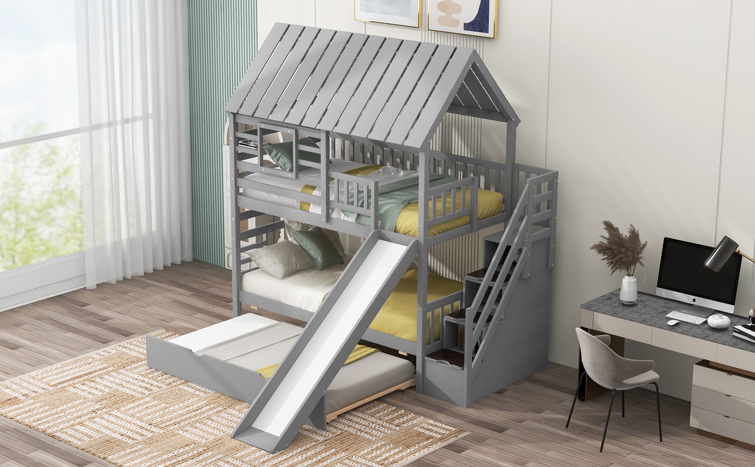 Twin over Twin House Bunk Bed with Trundle and Slide Storage Staircase, Roof and Window Design Gray
