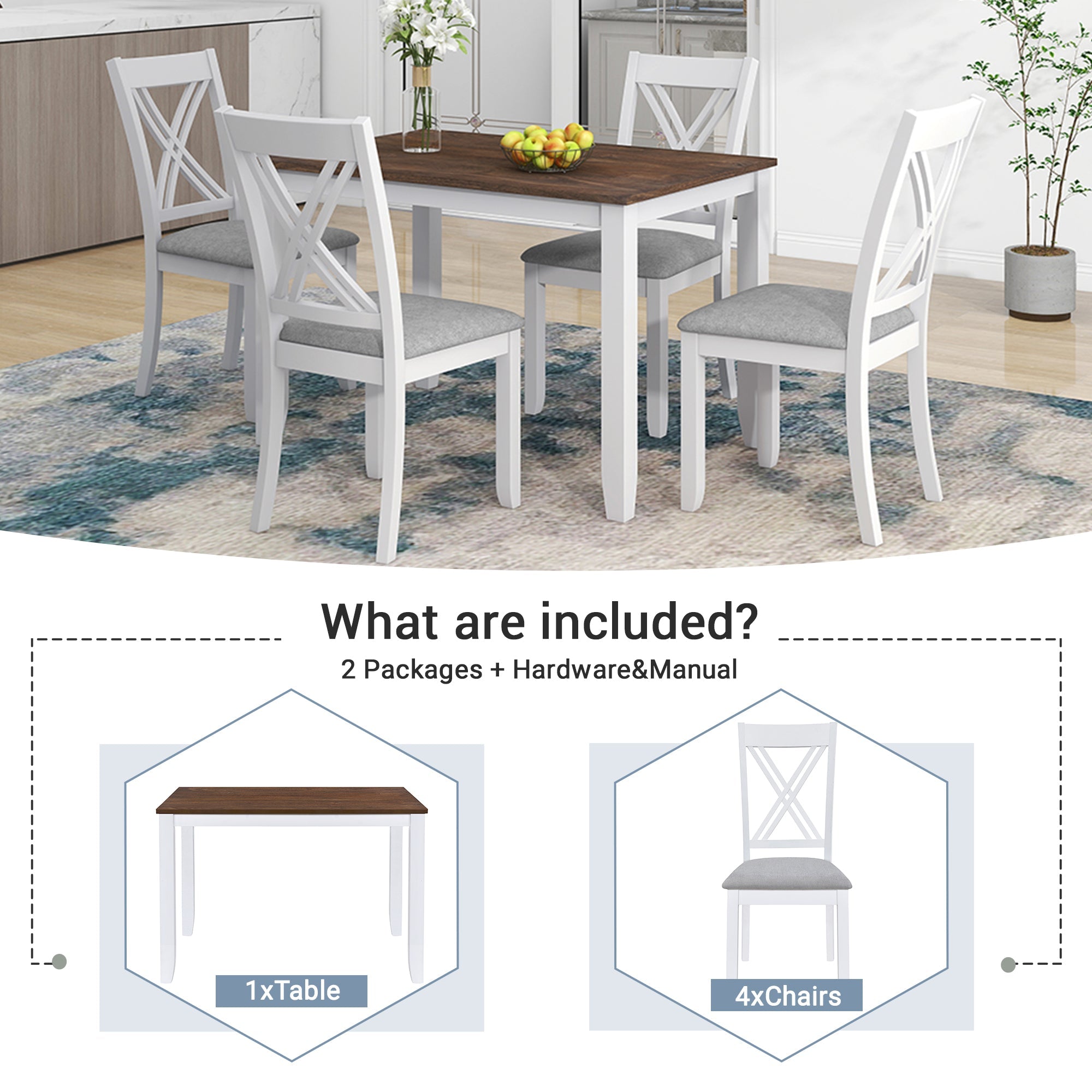 TOPMAX Rustic Minimalist Wood 5-Piece Dining Table Set with 4 X-Back Chairs for Small Places White
