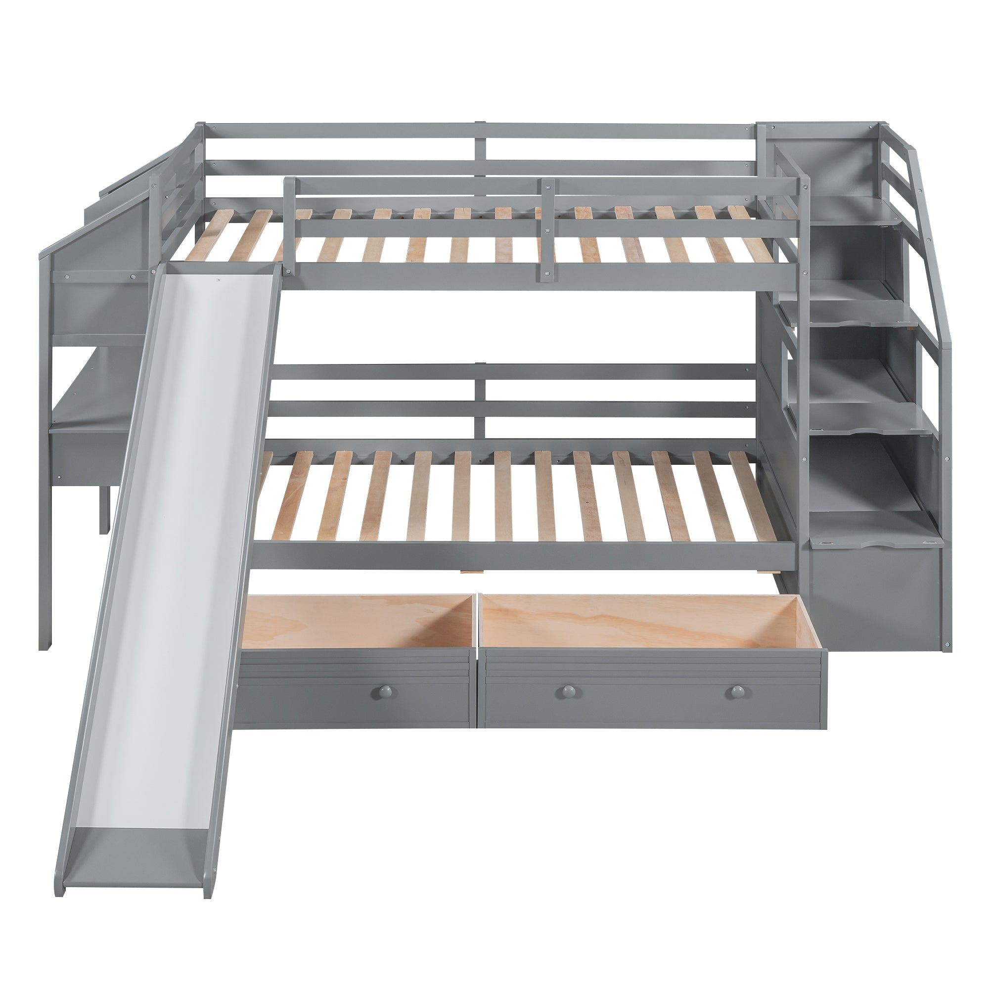 Twin over Twin Bunk Bed with Storage Staircase, Slide and Drawers, Desk with Drawers and Shelves Gray