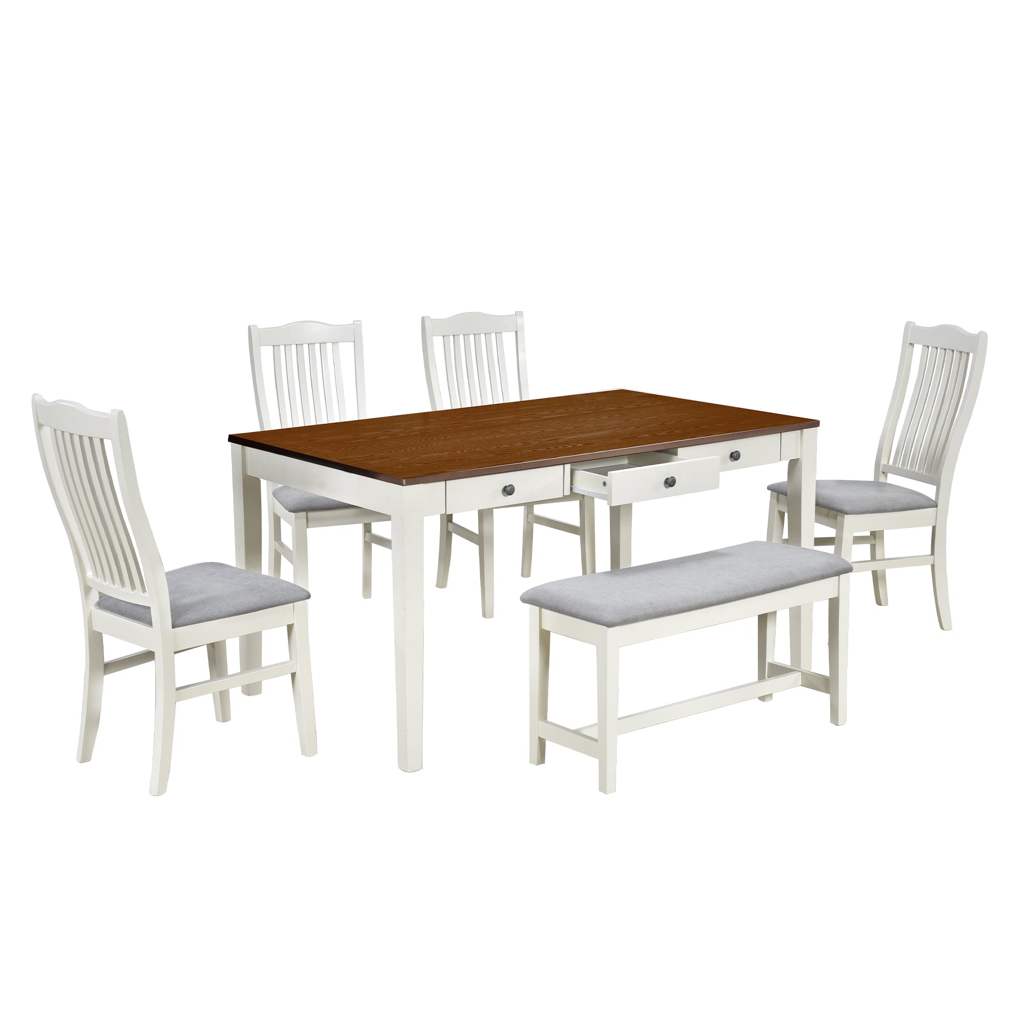 TOPMAX Mid-Century 6-Piece Wood Dining Table Set, Kitchen Table Set with Drawer Upholstered Chairs and Bench Butter Milk