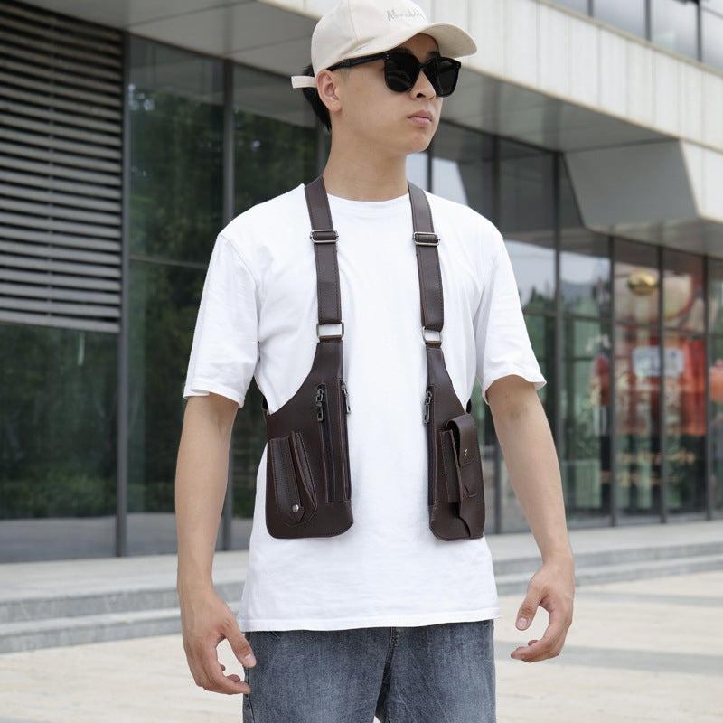 A medieval - style leather harness bag that is an anti - theft wallet, phone pouch, and suitable for men&