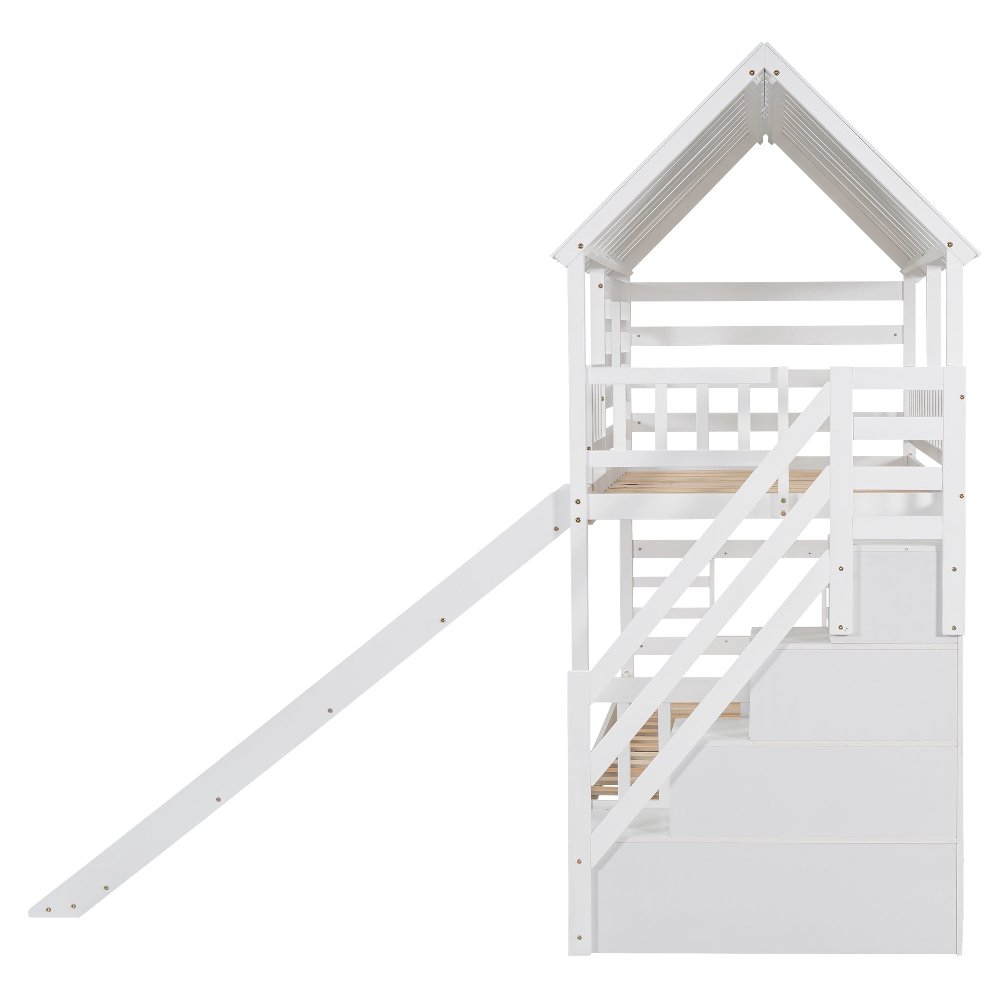 Twin over Twin House Bunk Bed with Trundle and Slide Storage Staircase Roof and Window Design White