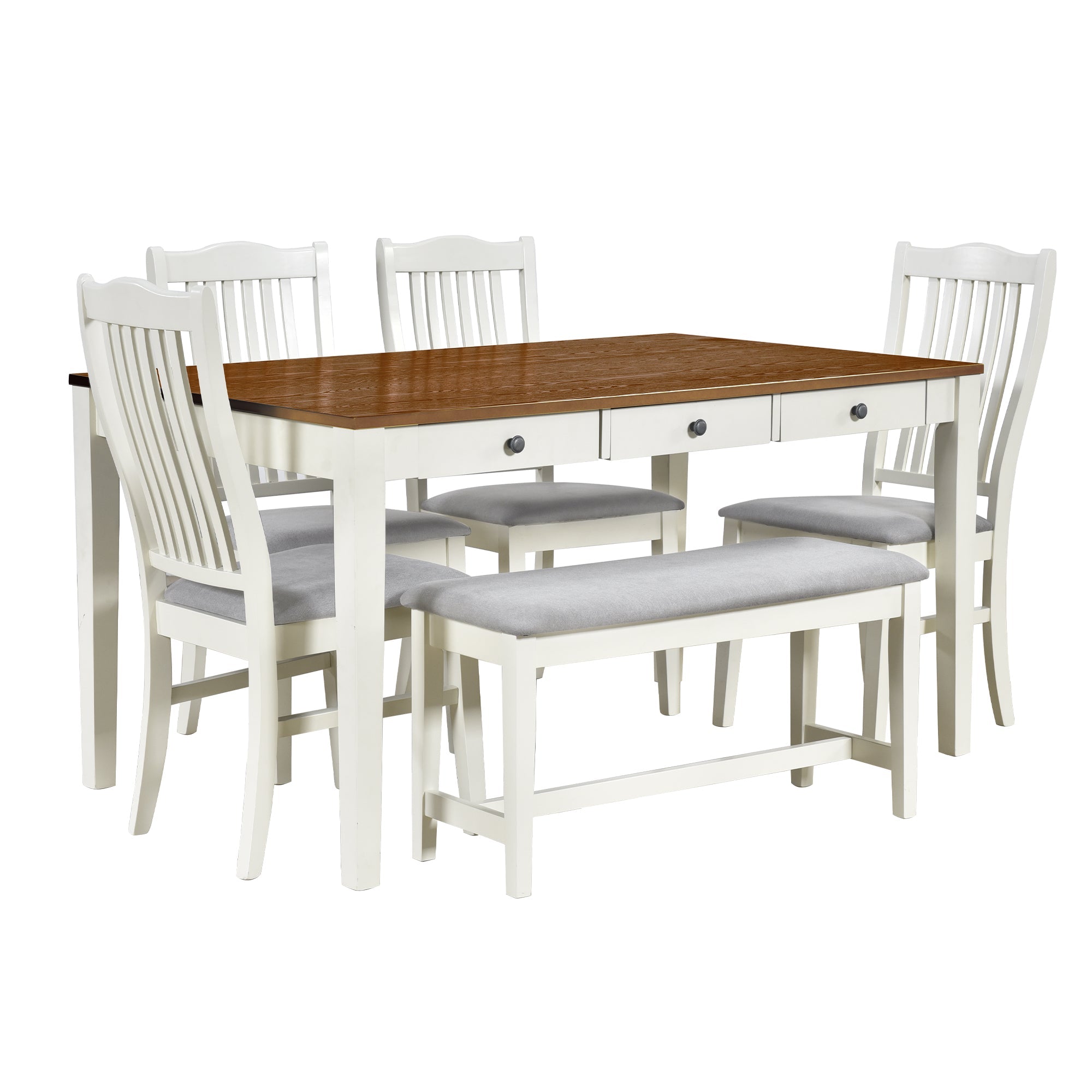 TOPMAX Mid-Century 6-Piece Wood Dining Table Set, Kitchen Table Set with Drawer Upholstered Chairs and Bench Butter Milk