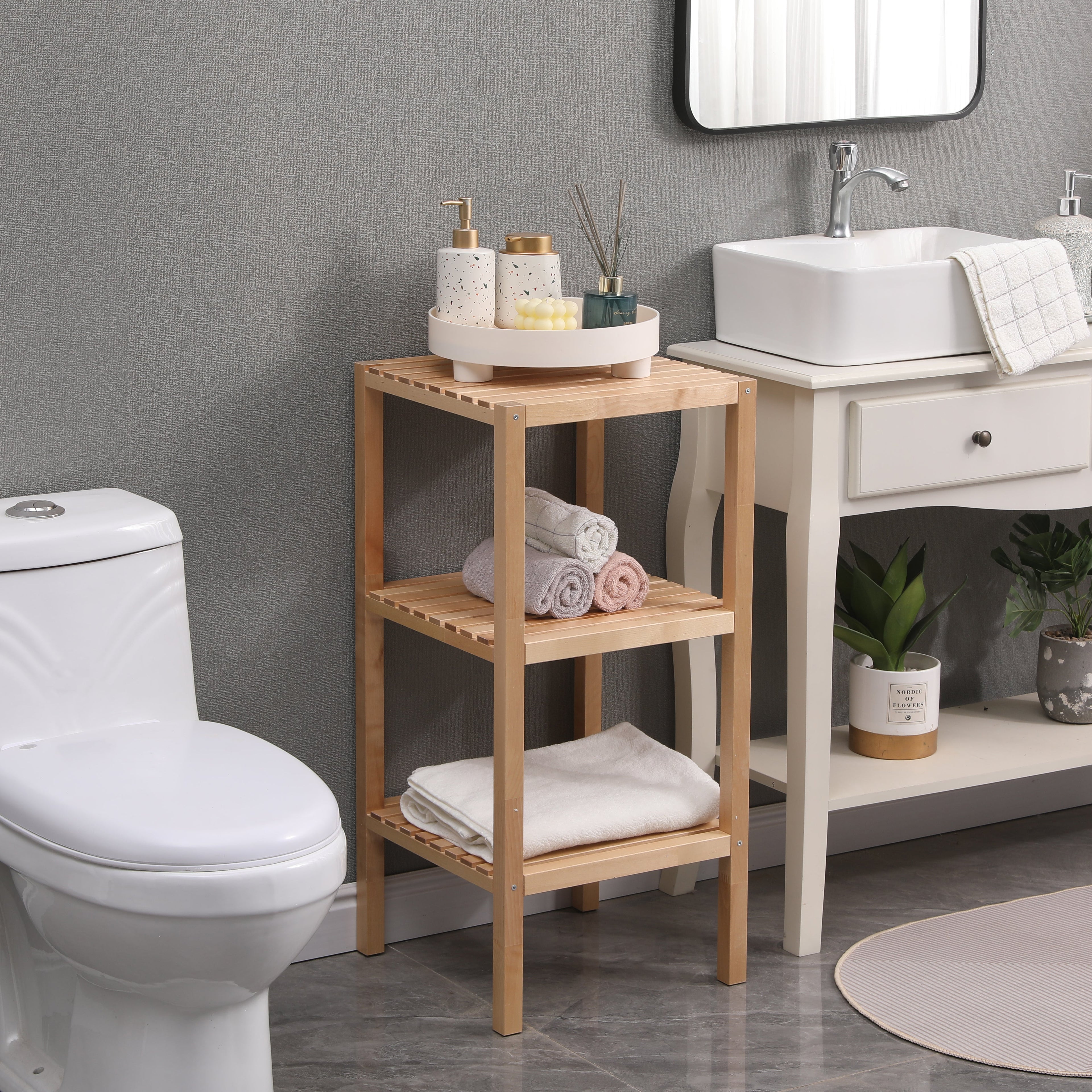3-Tier Birch Bathroom Shelf, Narrow Shelving Unit, Multifunctional Storage Rack, Corner Rack, for Kitchen, Living Room