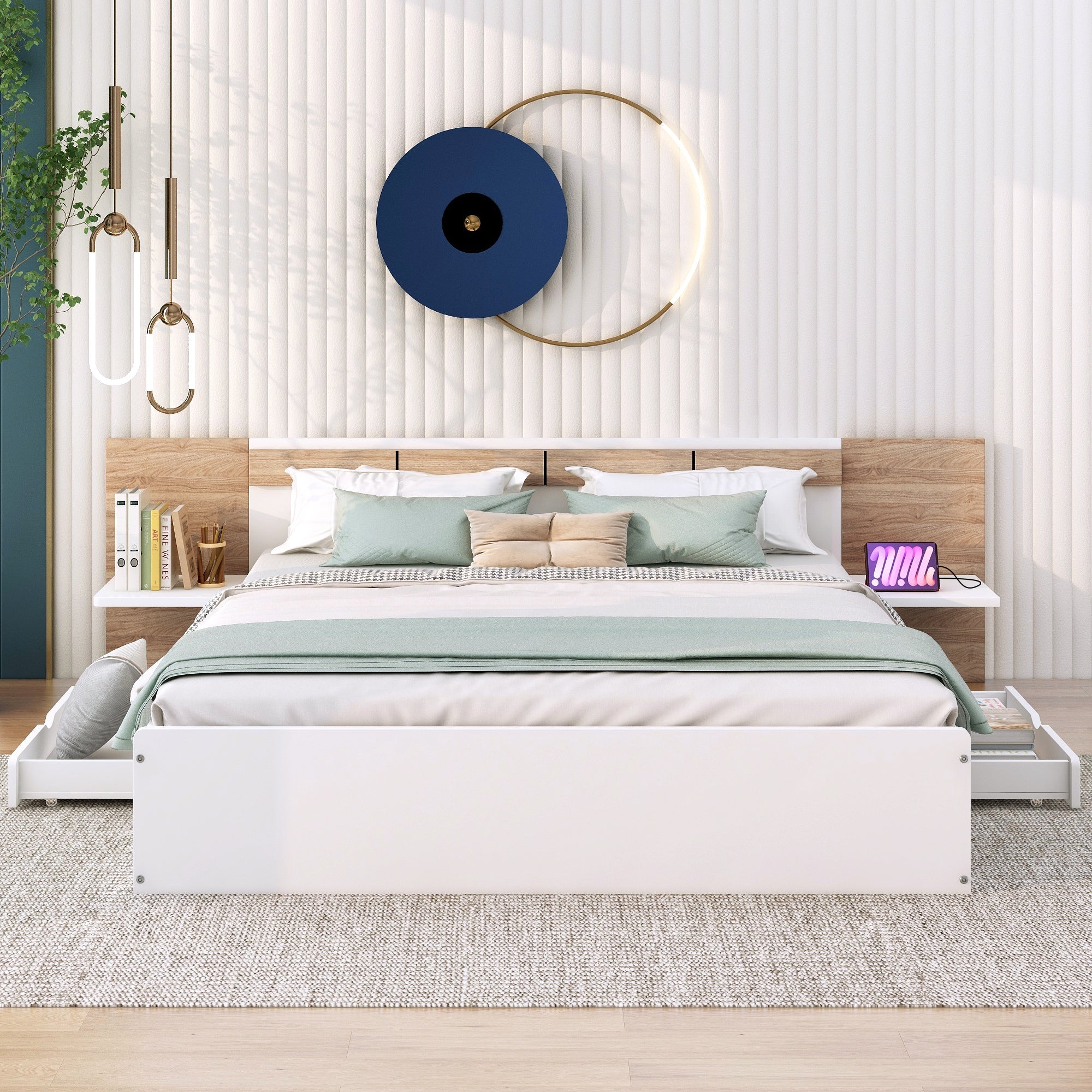 Queen Size Platform Bed with Headboard, Drawers, Shelves, USB Ports and Sockets White